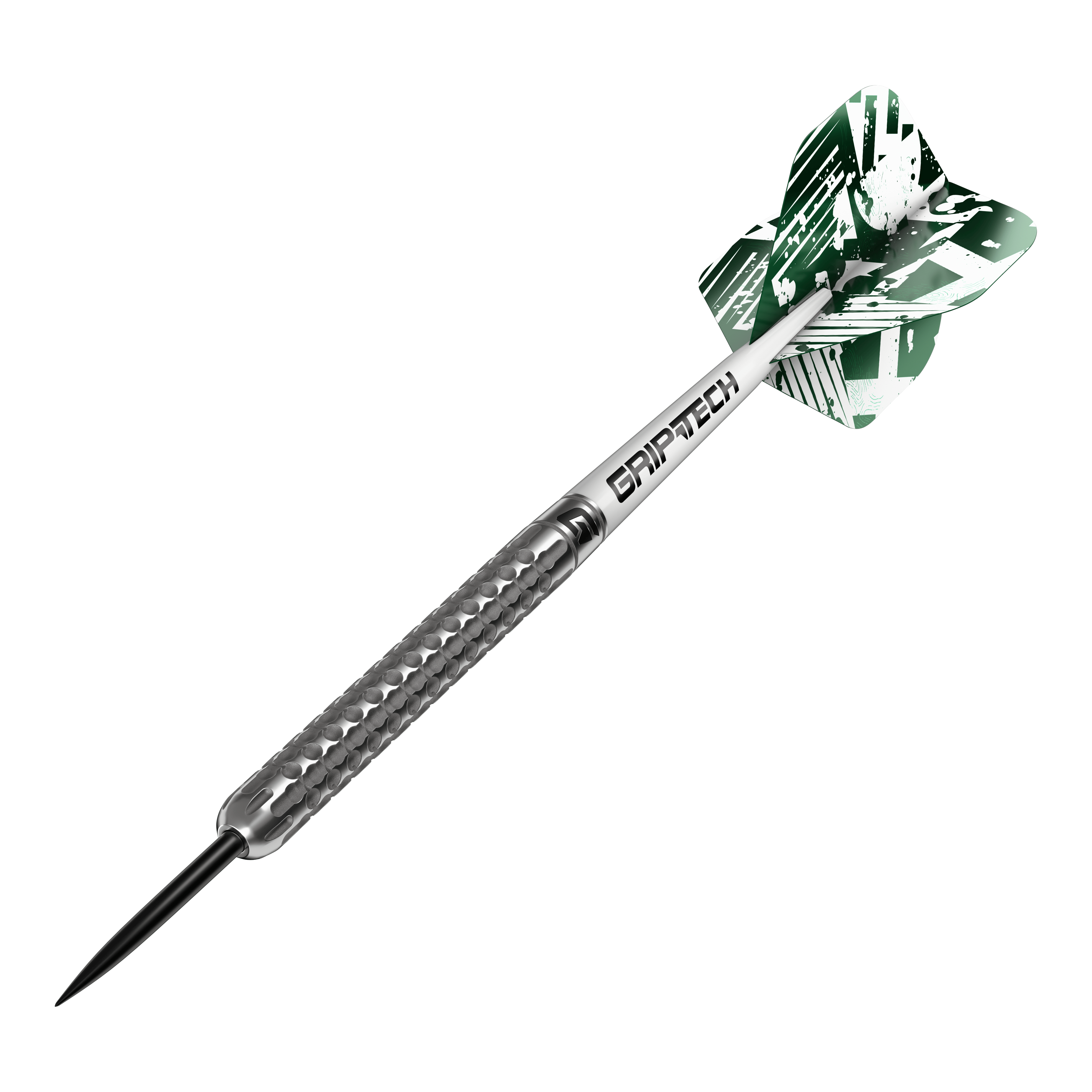 Lotki GOAT Fairway V1 ze stali wolframowej Das Bild zeigt einen GOAT Fairway V1 Tungsten-Steeldart mit silbernem, strukturiertem Griff. Am hinteren Ende befindet sich ein grüner Flight mit weißem Muster und der Aufschrift "GRIPTECH".