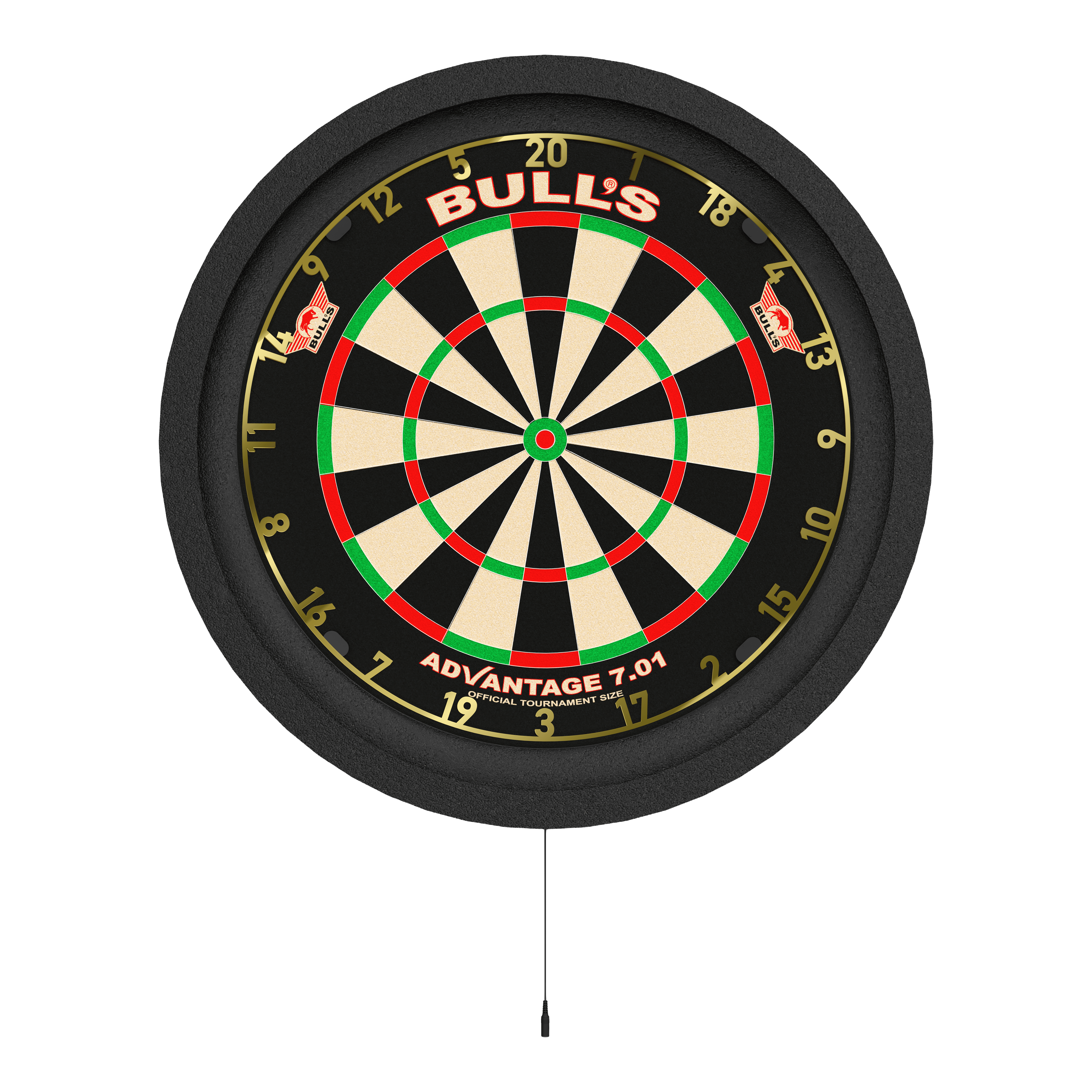 System oświetlenia przestrzennego Bulls NL Lumo 2 Light Das Bild zeigt eine Dartscheibe mit einer runden, beleuchteten Umrandung. Es handelt sich um das Produkt „Bulls NL Lumo 2 Light Surround Beleuchtungssystem“.