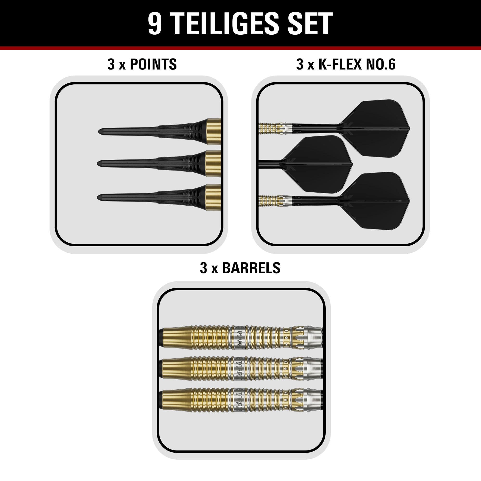 Lotki Enzo Soft Darts marki Target Black Marque – 18 g Auf dem Bild befinden sich die Target Black Marque Enzo Softdarts mit 18g Gewicht. Die Softdarts sind für ihre gute Balance und Verarbeitung bekannt.