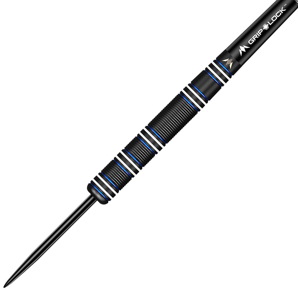 M001355_Mission_Alan_Soutar_Black_Titanium_Steeldarts_2 Das Bild zeigt einen schwarzen Titan-Steeldart namens "Mission Alan Soutar Black Titanium Steeldarts - 24g". Der Dart hat blaue und silberne Akzente und eine strukturierte Oberfläche für besseren Halt.