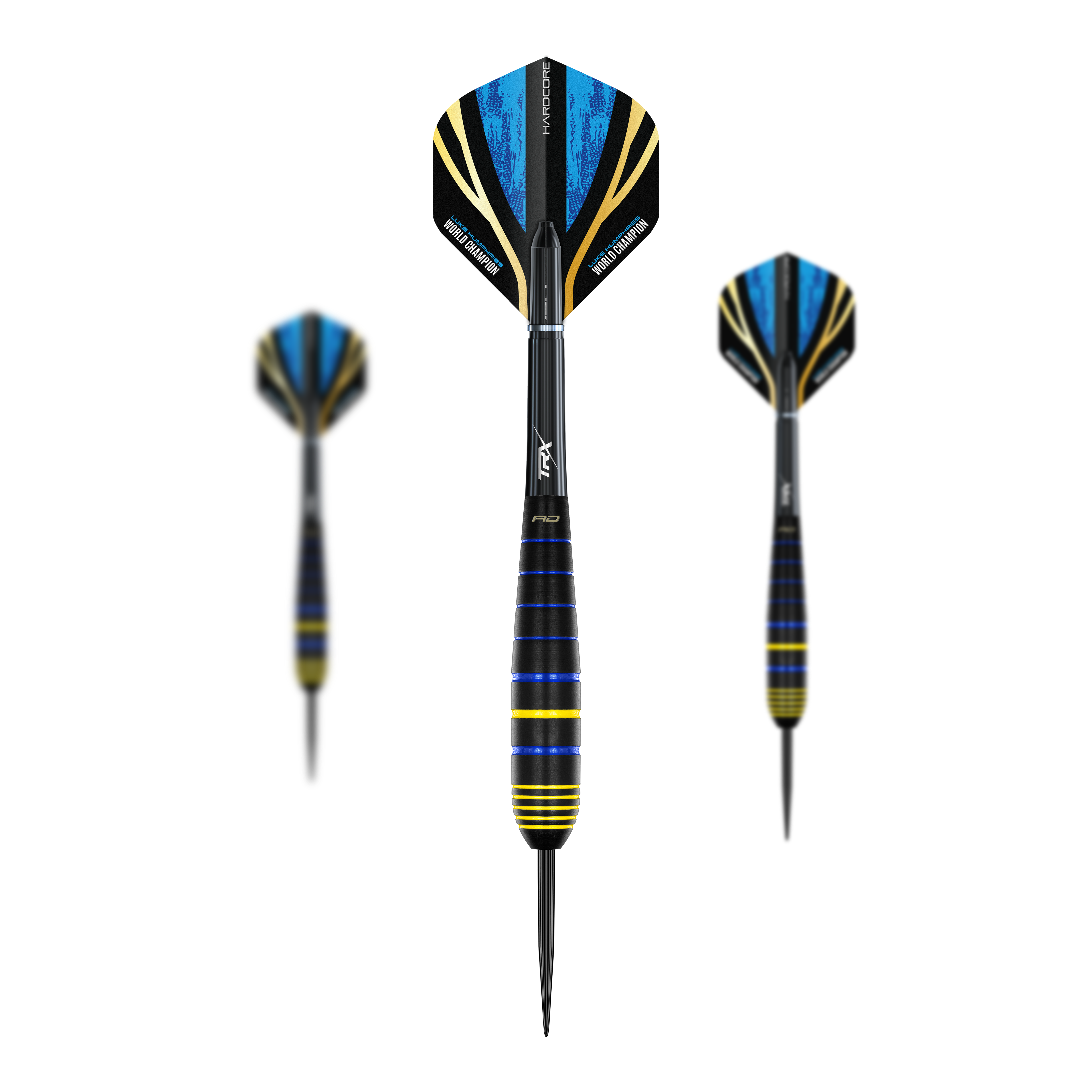 Rzutki Red Dragon Luke Humphries World Champion Brass Steel Das Bild zeigt drei Luke Humphries World Champion Brass Steeldarts von Red Dragon. Die Darts haben schwarze, blaue und gelbe Akzente sowie auffällige Flights mit blauem Muster.