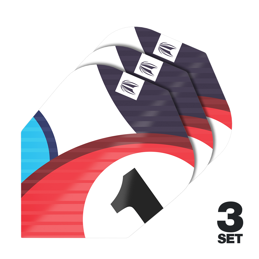 Lotki Target Pro Ultra Chicane Blue No6 - 3 zestawy Das Bild zeigt drei Sets von Target Pro Ultra Chicane Blue No6 Flights für Darts. Auf den Flights sind rote, blaue und schwarze Designelemente sowie die Zahl 1 zu sehen.