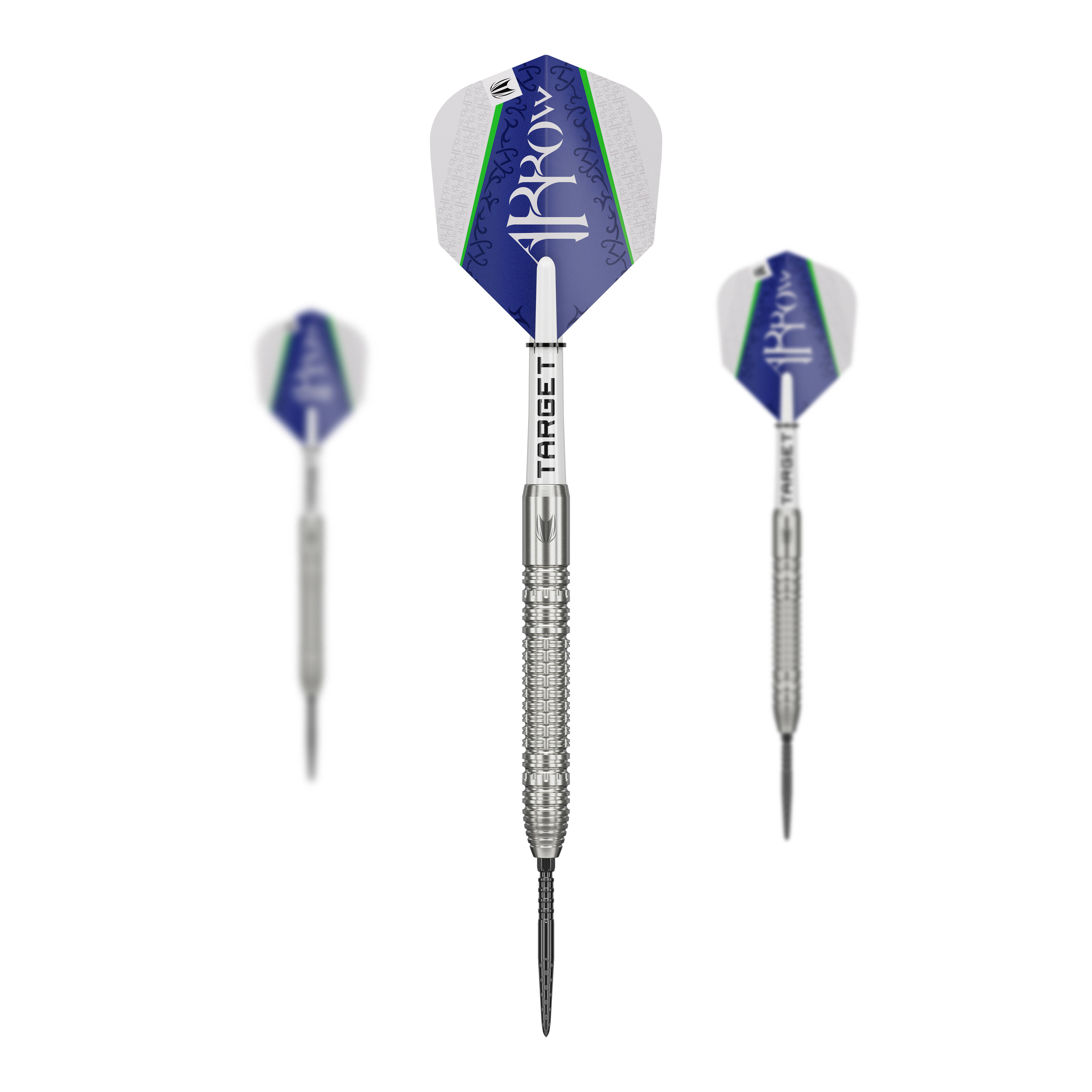 Lotki stalowe Target Shane McGuirk GEN1 Swiss Point - 23g Das Bild zeigt drei Steeldarts des Modells "Target Shane McGuirk GEN1 Swiss Point - 23g". Die Darts haben silberne Spitzen und Schäfte sowie blau-weiße Flights mit grünen Akzenten.