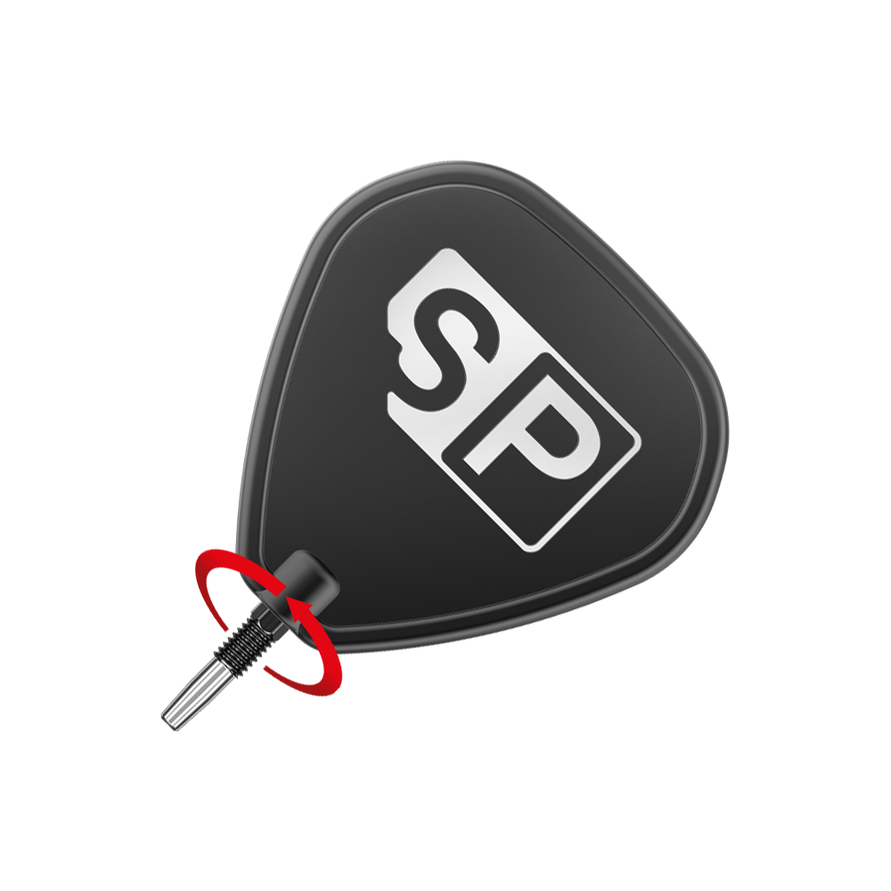 Końcówki do lotek Target Swiss Point RVE – czarne Das Bild zeigt eine schwarze Dartspitze mit der Aufschrift "SP" in Weiß. Ein roter Pfeil deutet auf die Richtung hin, in der die Spitze eingedreht werden soll.