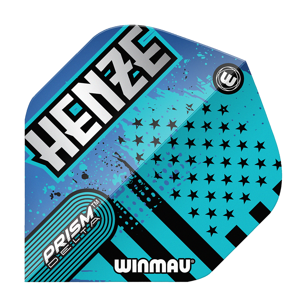 Loty standardowe Winmau Prism Delta Rick Henze Das Bild zeigt ein Winmau Prism Delta Rick Henze Standard Flight in blau-schwarzem Design. Auf dem Flight stehen die Wörter "HENZE", "PRISM DELTA" und "WINMAU".