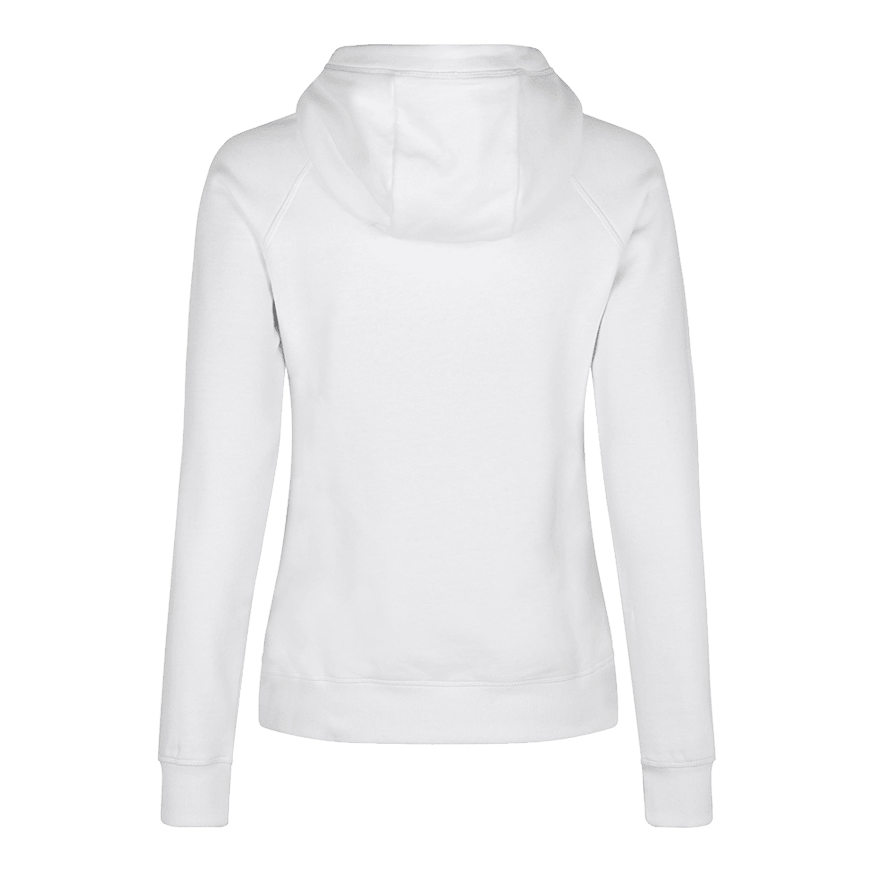 Damska bluza z kapturem Barrels and Shafts – biała Dies ist ein weißer Damen-Hoodie, der von hinten zu sehen ist. Das schlichte Design zeigt lange Ärmel und eine Kapuze.
