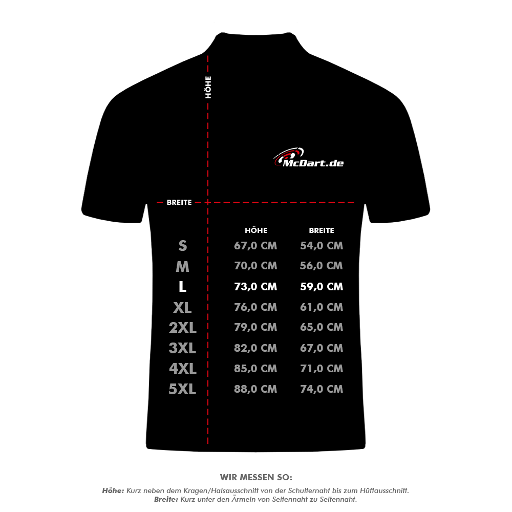 HRS-26036Harrows_Paragon_Dartshirts_5_LHlpblGb6UzGC4 Das Bild zeigt eine Maßtabelle für das Produkt "Harrows Paragon Dartshirt - Grün". Die Tabelle gibt die Höhe und Breite des Shirts in verschiedenen Größen von S bis 5XL an.