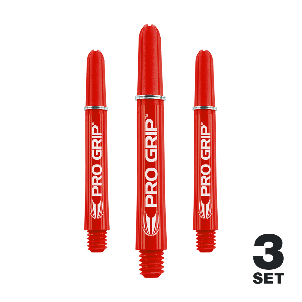 Wałki Target Pro Grip - 3 zestawy - czerwone Auf dem Bild sind drei rote PRO GRIP Shafts für Darts zu sehen. Unten rechts steht "3 SET," was darauf hinweist, dass es sich um ein Set mit drei Stück handelt.