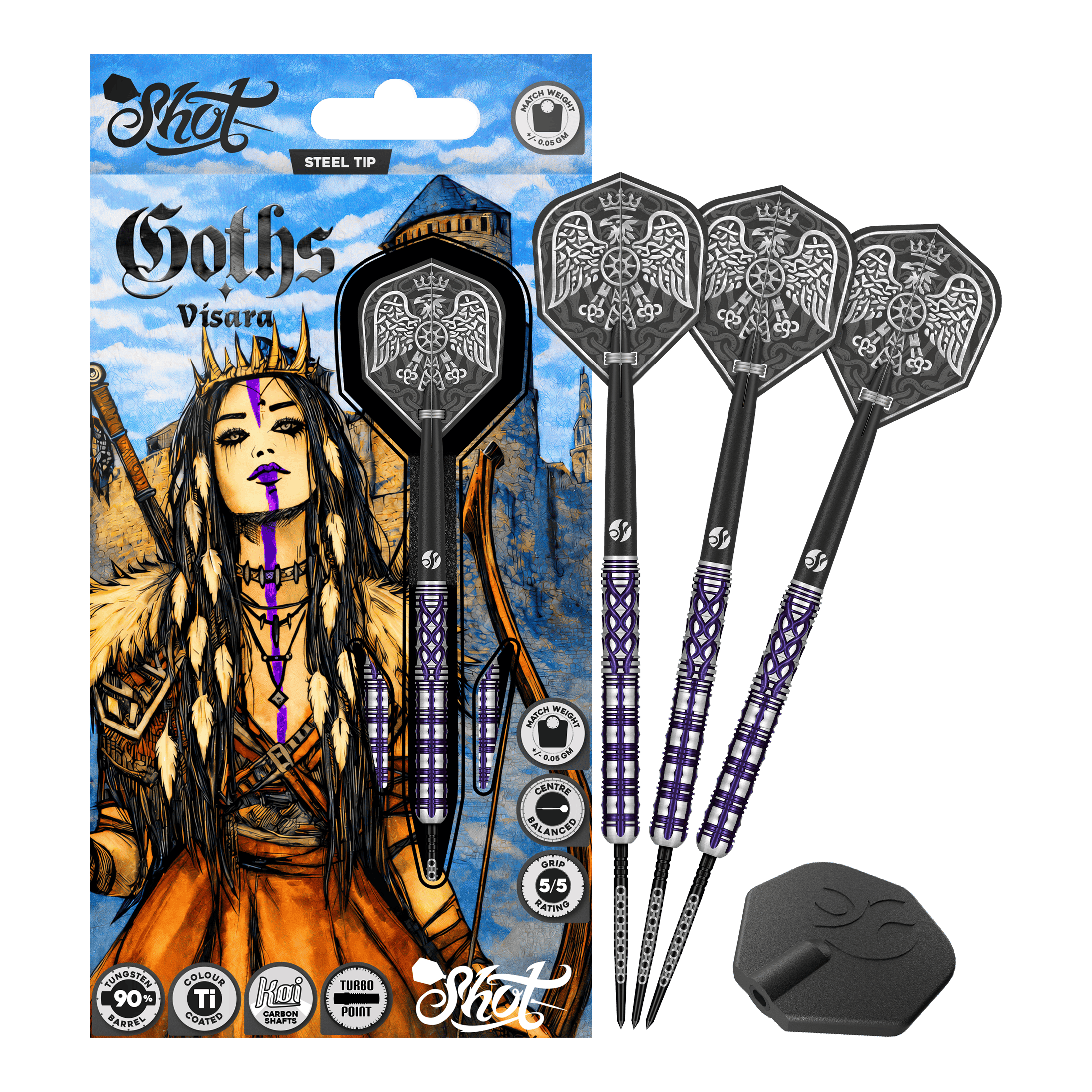 Lotki Shot Goths Visara Turbo Point Steel Darts - 23g Das Produkt zeigt die Shot Goths Visara Turbo Point Steeldarts - 23g in voller Ansicht. Diese Steeldarts stehen für Qualität und Zuverlässigkeit beim Dartspiel.