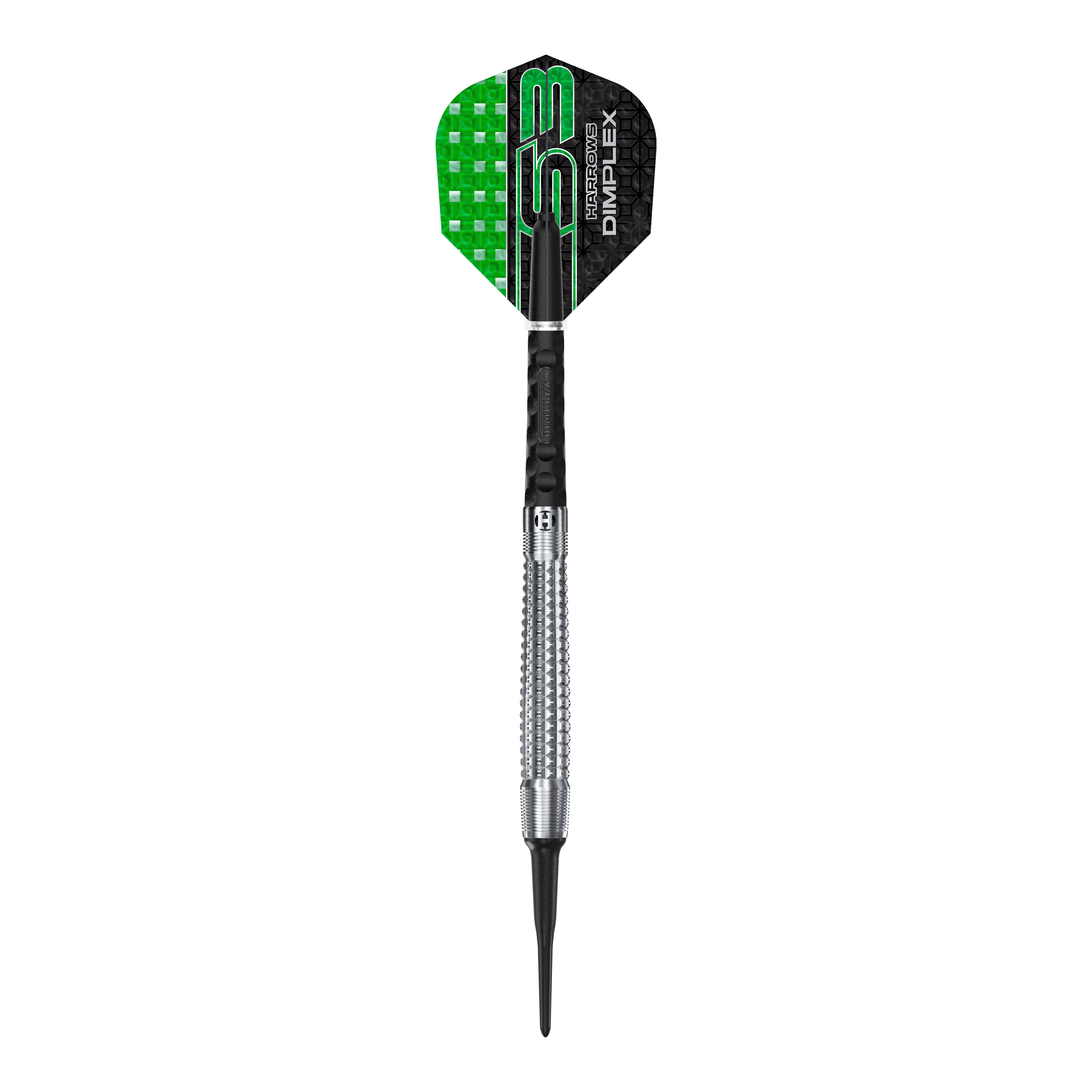 Harrows Dimplex S3 Tapered Soft Darts Das Bild zeigt einen Harrows Dimplex S3 Tapered Softdart. Der Dartpfeil hat eine Metallspitze und ein schwarzes und grünes Flight-Design.