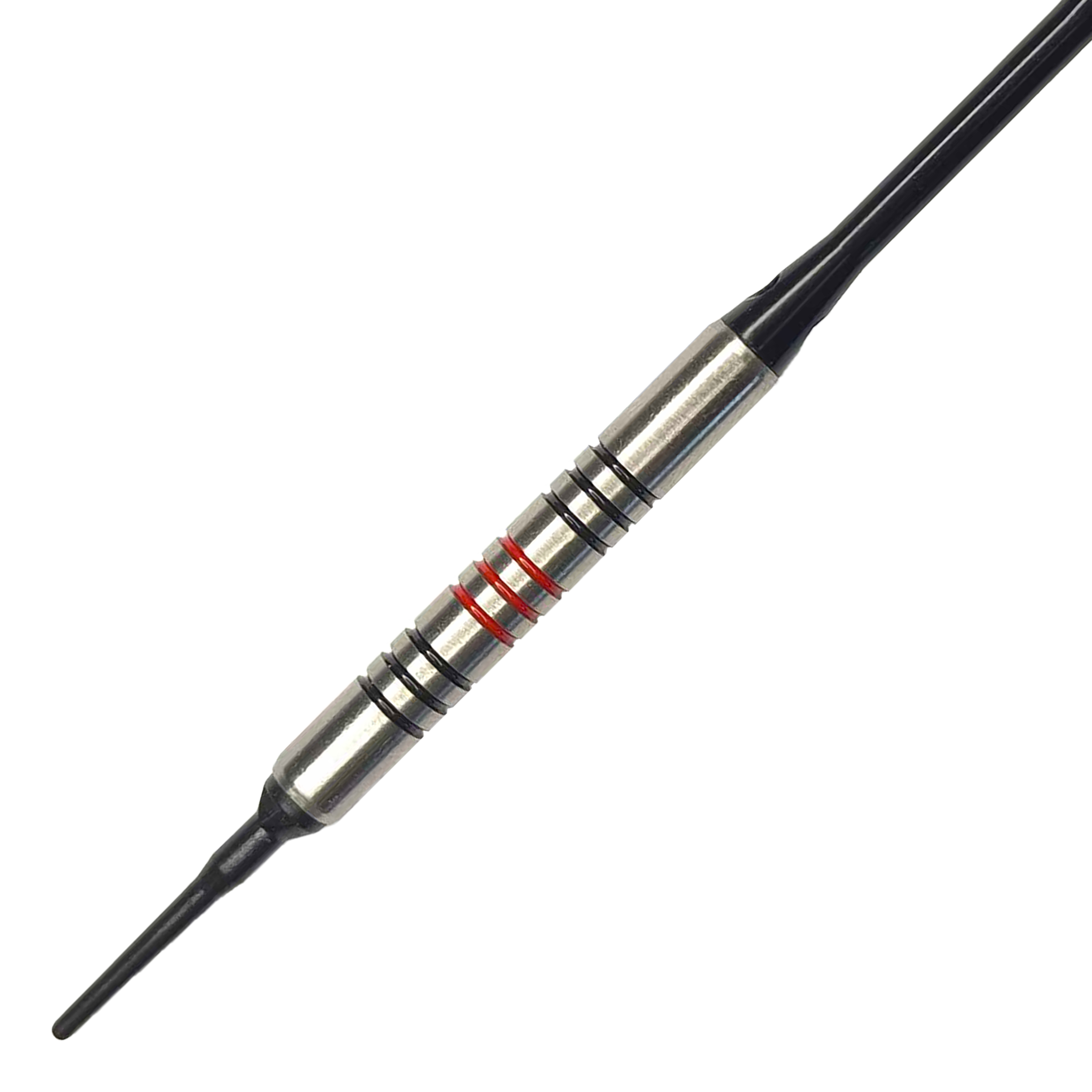 Lotki McDart 85 Tungsten V11 Soft Darts - 17,5 g Dies ist ein McDart 85er Tungsten V11 Softdart mit einem Gewicht von 17,5g. Der Dart hat einen silbernen Körper mit schwarzen und roten Ringen.