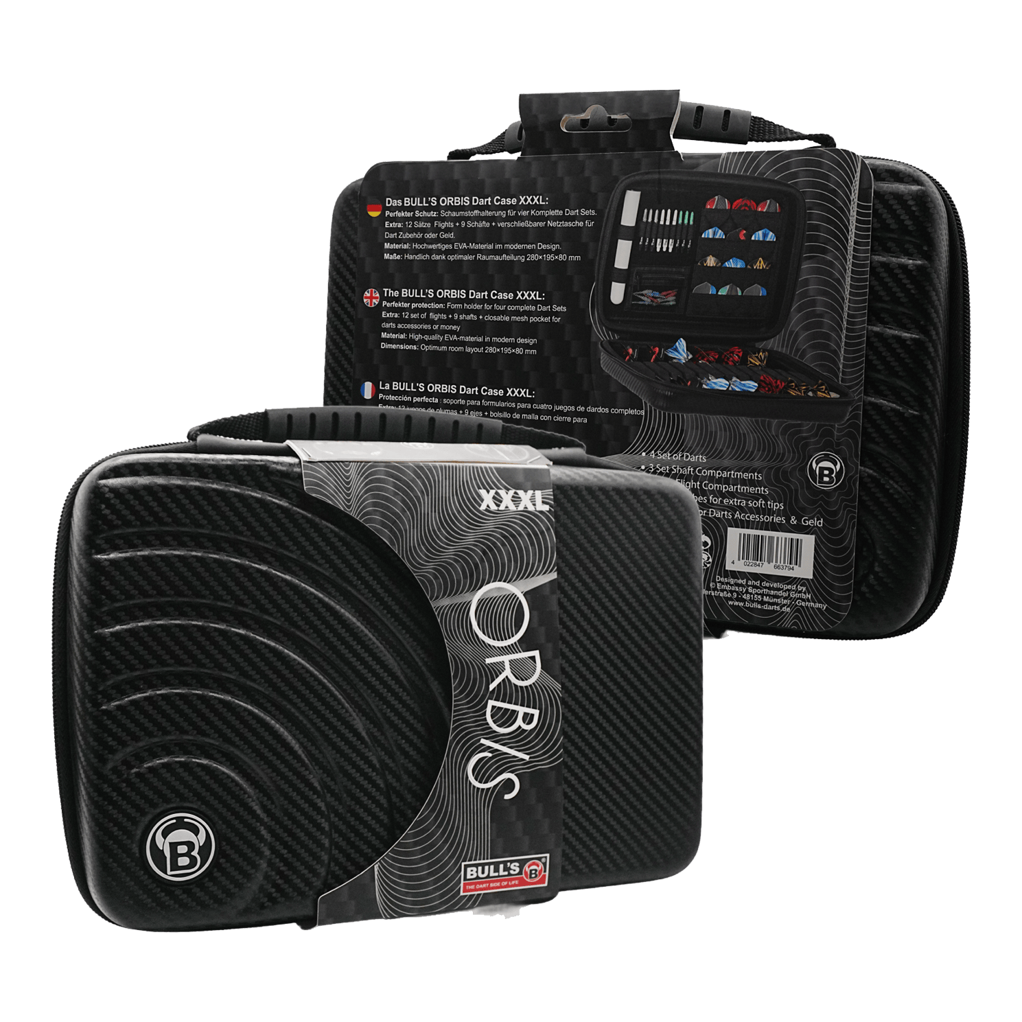 Das Bild zeigt das Produkt "Bulls Orbis XXL Dartcase - Carbongrey" in schwarzer Carbon-Optik. Das Dartcase ist groß und bietet Platz für mehrere Dart-Sets und Zubehör.