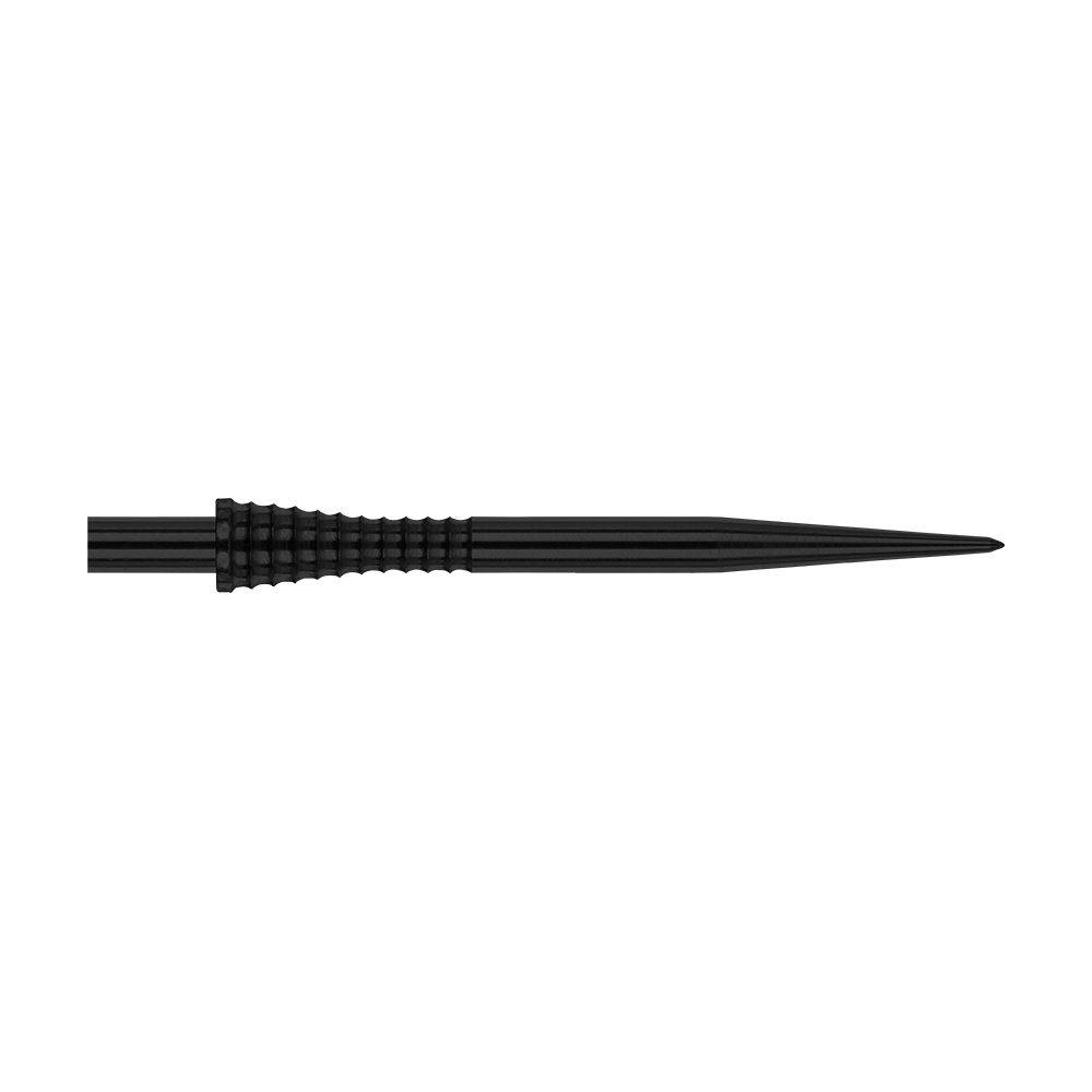 Groty do lotek Red Dragon Raptor Gripped Black ze stali 38 mm Das Bild zeigt die Red Dragon Raptor Gripped Black Steeldartspitze mit einer Länge von 38 mm. Die Spitze ist schwarz und hat eine geriffelte Grifffläche für besseren Halt.