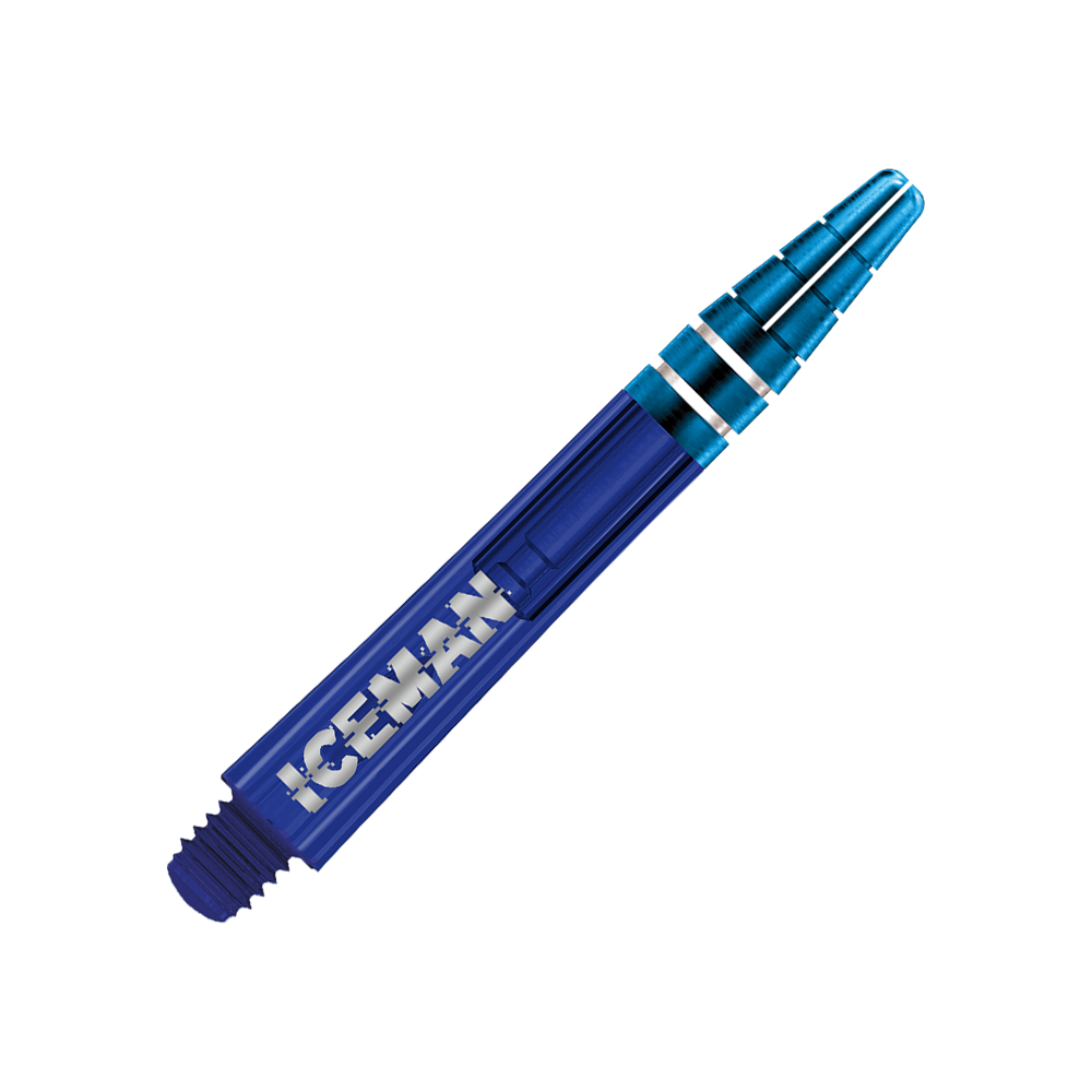 Auf dem Bild ist ein blauer Dart-Schaft zu sehen. Auf dem Schaft steht das Wort "ICEMAN" in weißen Buchstaben.