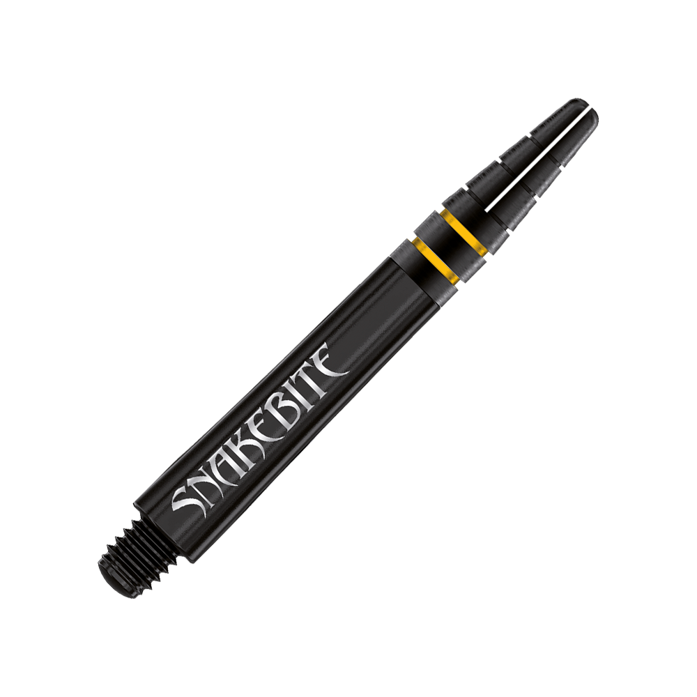 C798_Red_Dragon_Nitrotech_Peter_Wright_Shafts_Schwarz_2 Das Bild zeigt einen schwarzen Dart-Schaft mit der Aufschrift "Snakebite". Es handelt sich um den "Red Dragon Nitrotech Peter Wright Shaft Schwarz" in der Länge von 39 mm.