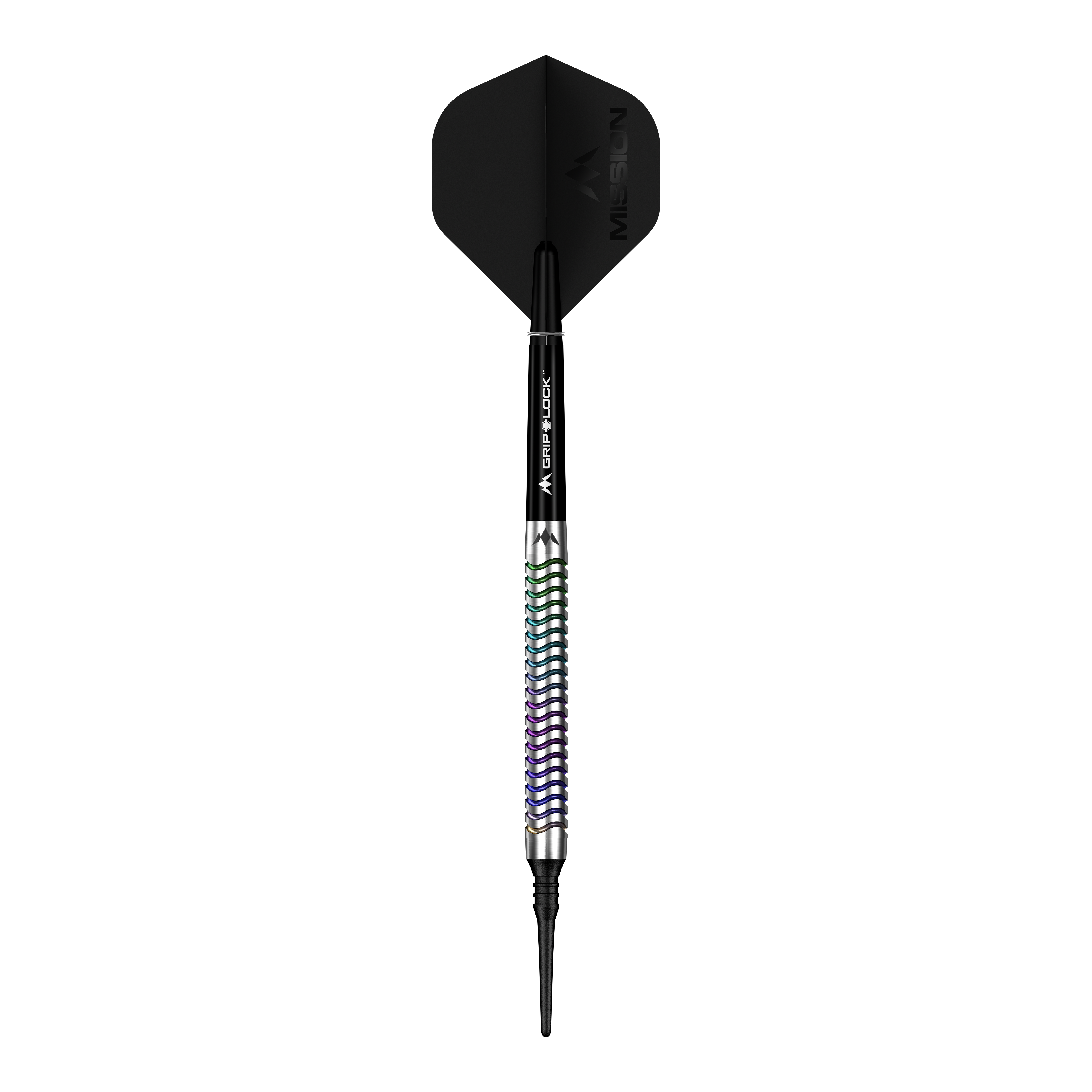 Hier ist ein Mission Mirage Softdarts - 20g abgebildet. Das Bild hebt die Details des Softdarts hervor.
