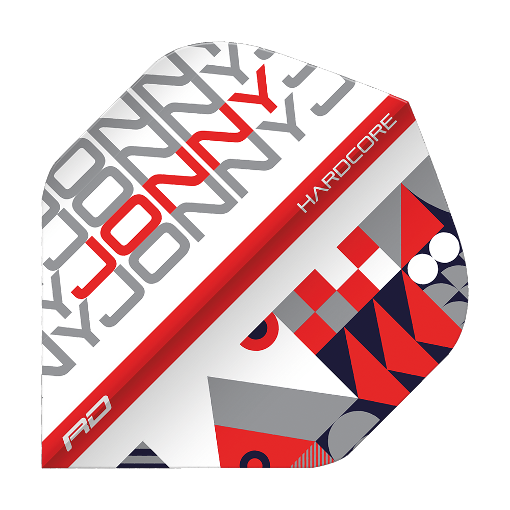 Das Bild zeigt ein Dartflight mit dem Namen "Jonny" in großen grauen und roten Buchstaben. Das Design ist in Rot, Weiß und Grau gehalten, mit geometrischen Mustern und der Aufschrift "HARDCORE" und "RD".
