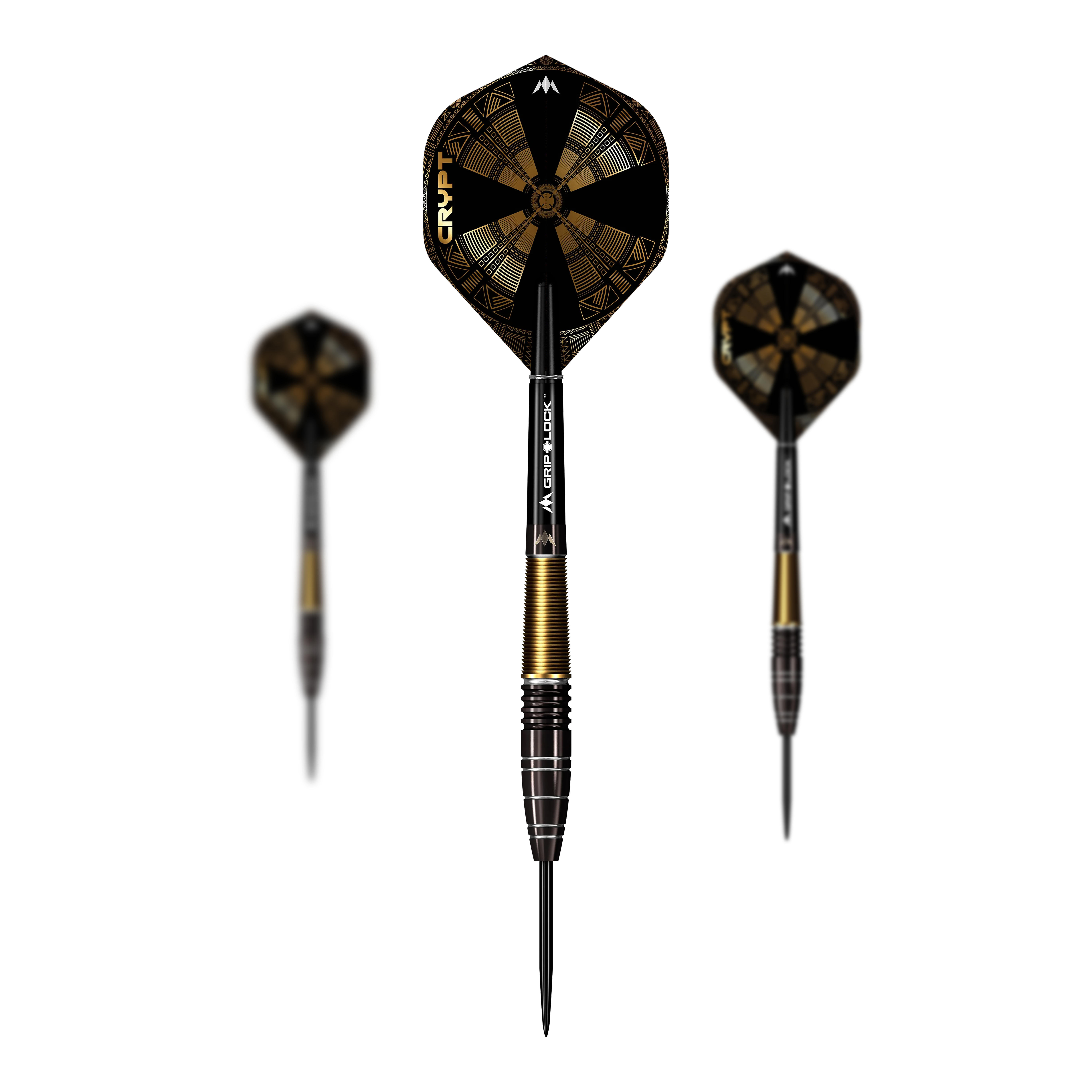 Lotki stalowe Mission Crypt Model 1 - 22 g Die Abbildung zeigt drei Steeldarts des Modells "Mission Crypt Model 1" mit einem Gewicht von 22g. Die Darts sind schwarz-golden gestaltet und haben ein modernes, geometrisches Flight-Design.