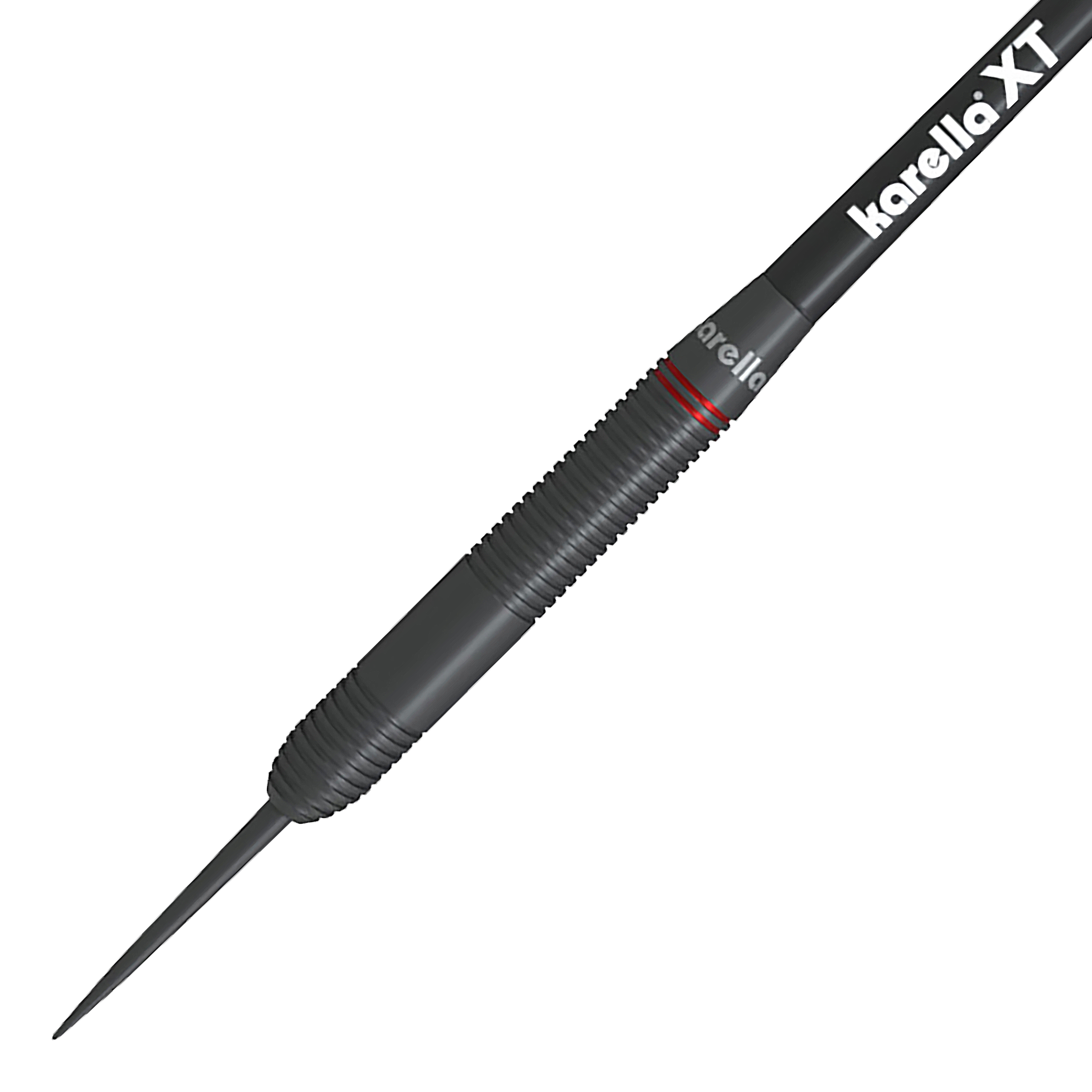 Rzutki stalowe Karella Daniel Klose Das Bild zeigt einen Karella Daniel Klose Steeldartpfeil. Der Dart ist schwarz mit einem geriffelten Griffbereich und einem roten Ring.