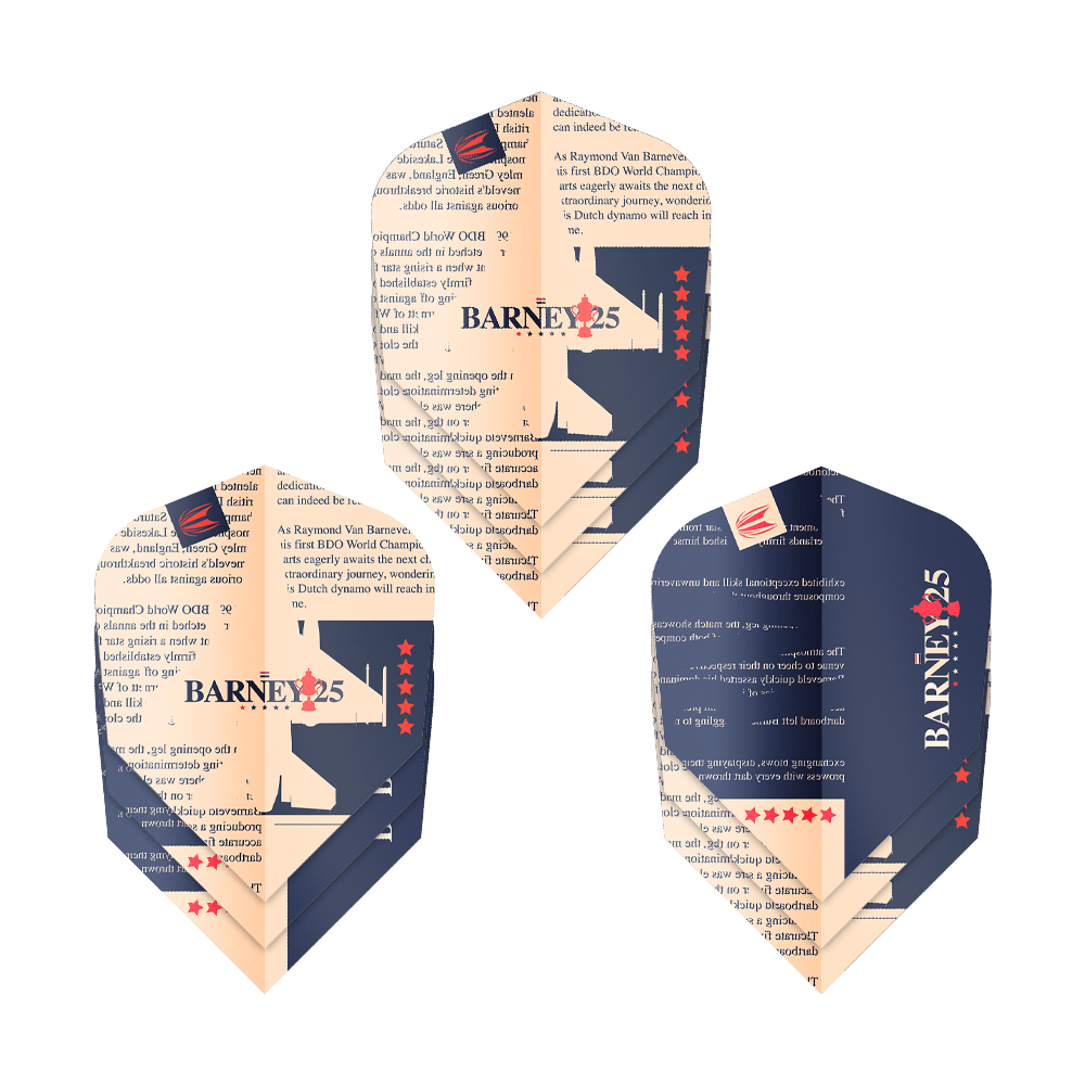 Kieruj na loty ProUltra Raymond Van Barneveld Barney25 Ten-X Das Bild zeigt drei Dart-Flights mit dem Design „BARNEY25“ und Sternen. Sie sind in den Farben Dunkelblau und Beige gehalten und tragen Text sowie ein Logo.