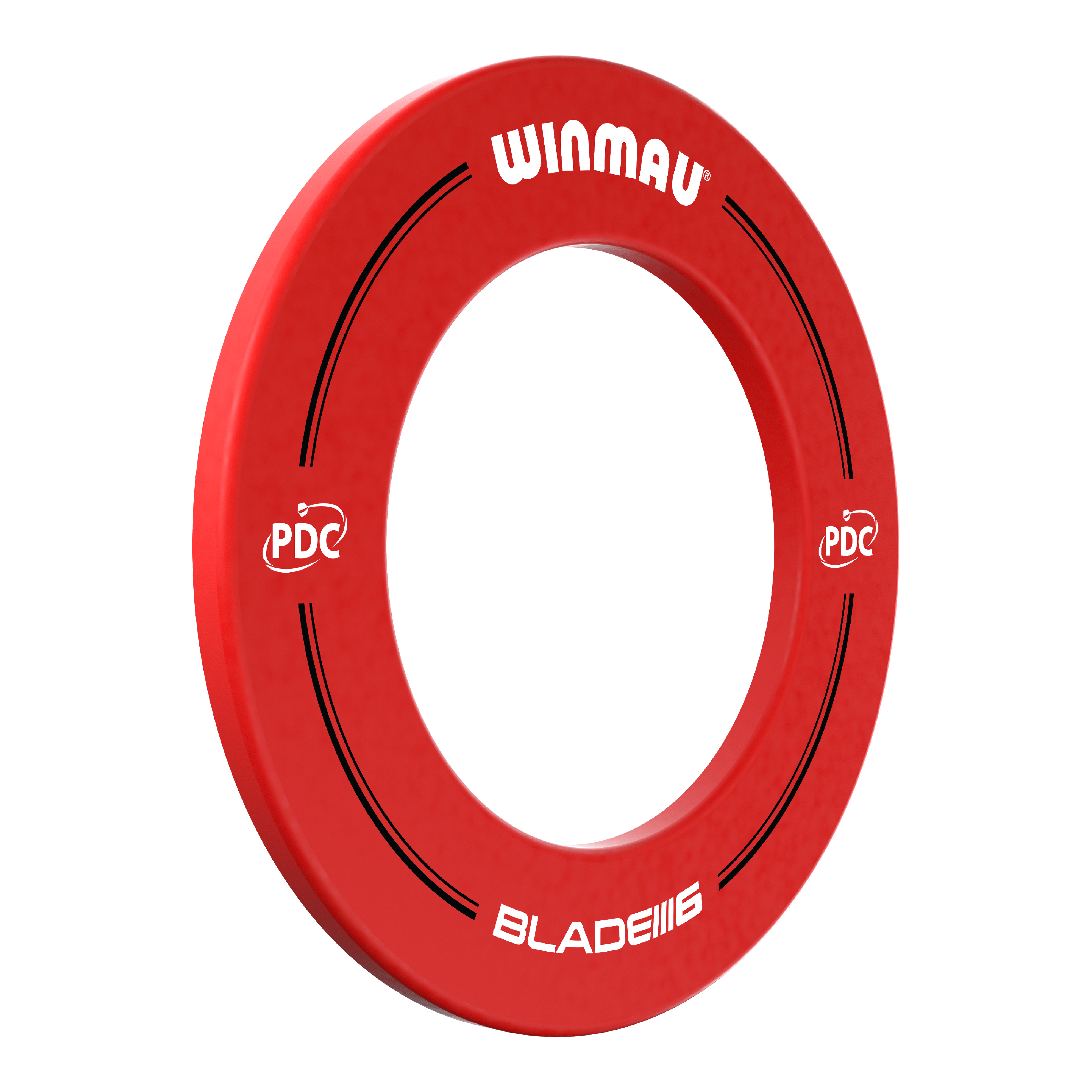 Obudowa tarczy do darta Winmau PDC – czerwona Das Bild zeigt einen roten Dartboard-Surround von Winmau mit der Aufschrift „PDC“ und „BLADE 6“. Der Surround dient dazu, die Wand rund um ein Dartboard vor abprallenden Pfeilen zu schützen.