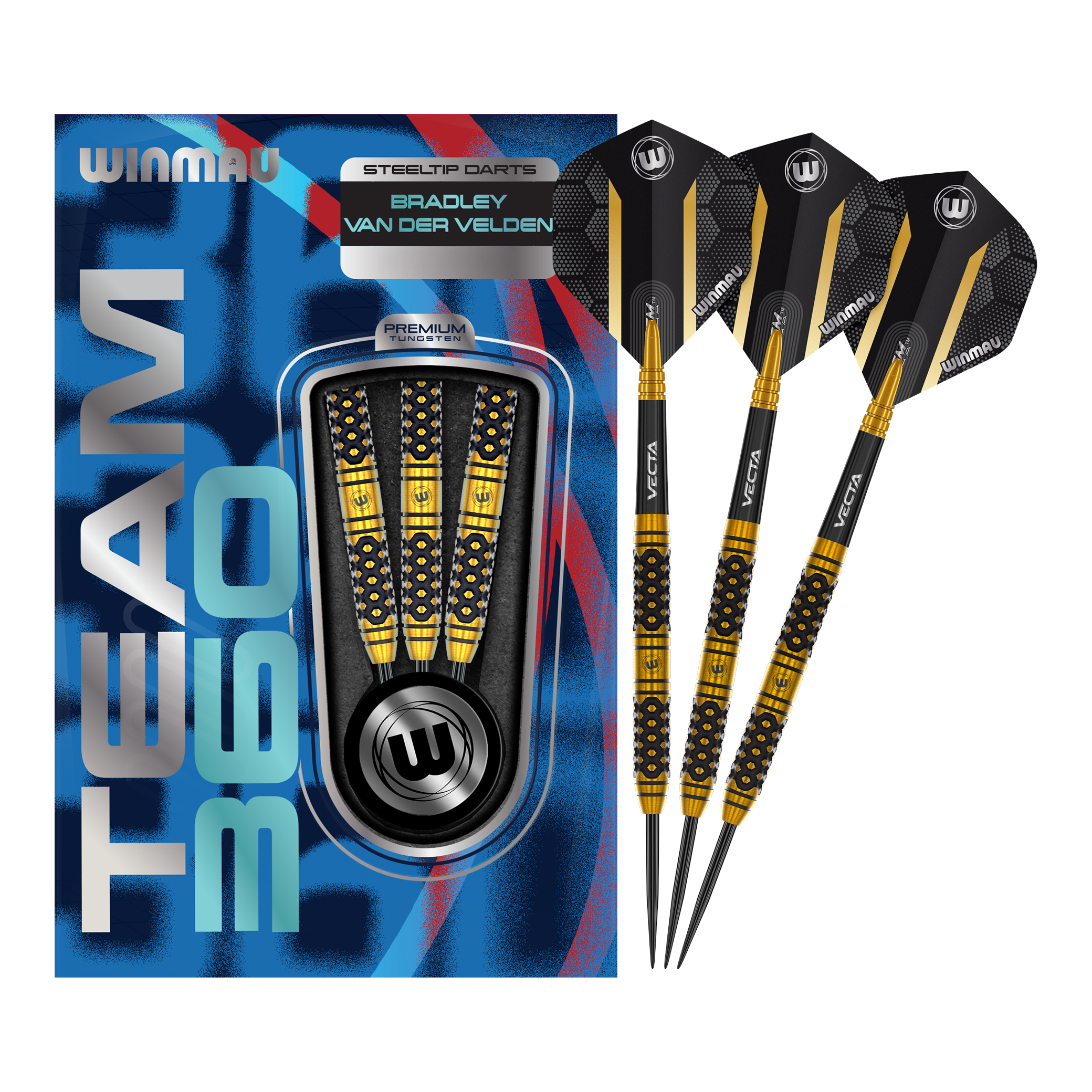 Rzutki stalowe Winmau Team 360 Bradley Van Der Velden - 22g Zu sehen ist ein Winmau Team 360 Bradley Van Der Velden Steeldarts - 22g. Das Bild vermittelt einen vollständigen Eindruck des Dartprodukts.