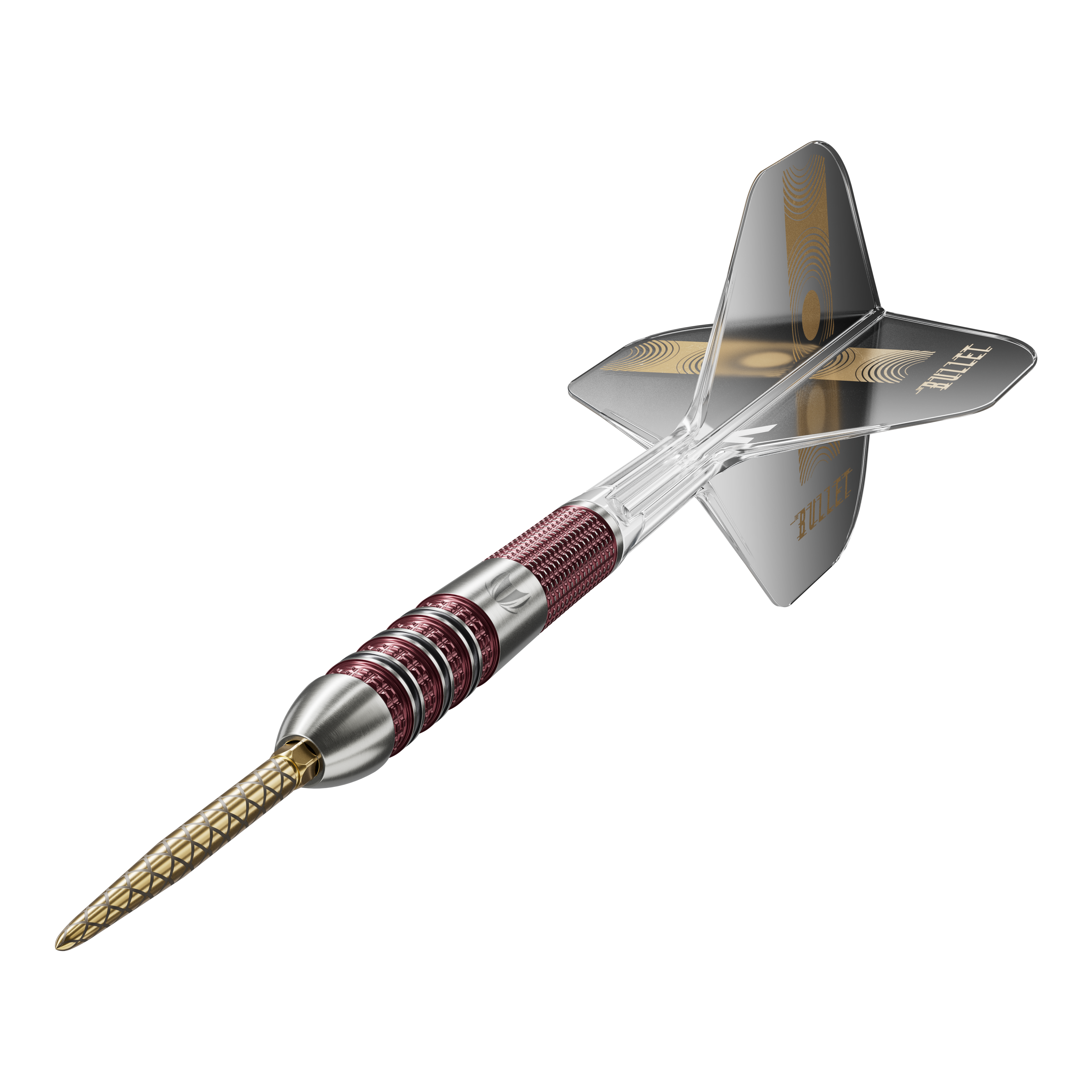 Target Stephen Bunting 95K Swiss Point Steeldarts Das Bild zeigt einen Target Stephen Bunting 95K Swiss Point Steeldart. Der Dartpfeil hat einen metallic-roten Griff, eine goldene Spitze und schwarze Flights mit dem Schriftzug "BULLET".
