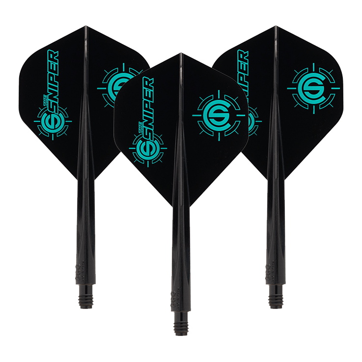 Condor AXE The Sniper Flight-System - Standard Das Bild zeigt drei schwarze Dartflights mit Aufdruck „SNIPER“ und einem Ziellogomuster in Türkis. Es handelt sich um das Produkt „Condor AXE The Sniper Flight-System - Standard“.