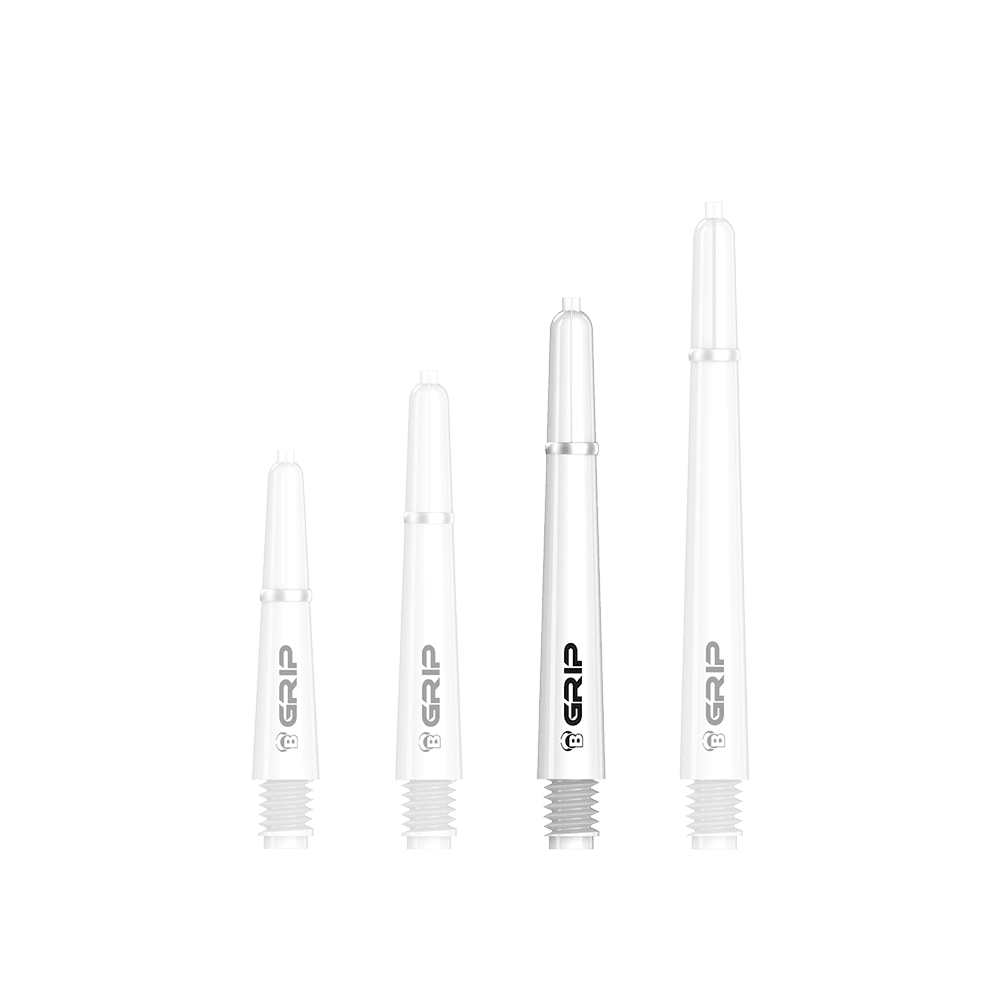 Auf dem Bild sind vier weiße Dartschäfte des Modells „Bulls B-Grip-2 SL Shafts“ in unterschiedlichen Längen zu sehen. Die Schäfte haben ein schlichtes Design mit schwarzer Aufschrift „GRIP“.