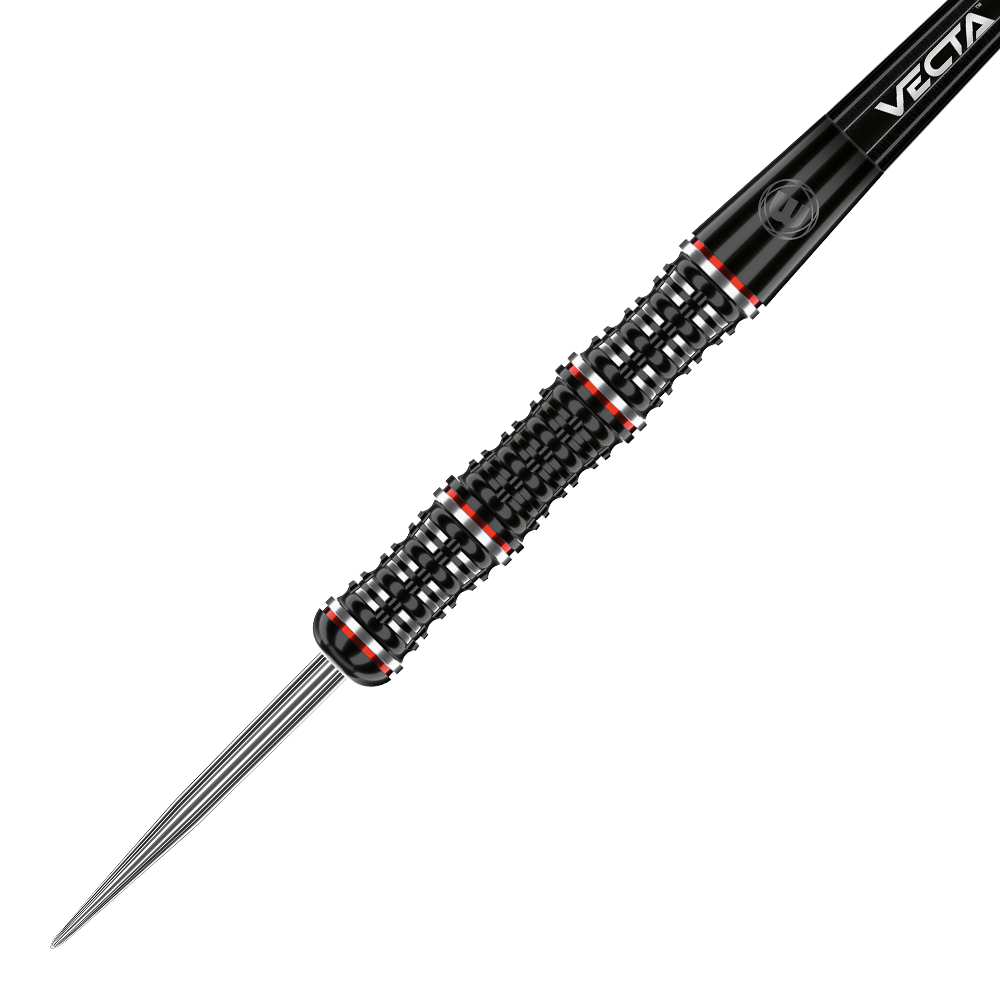 1461_Winmau_Mervyn_King_Special_Edition_Steeldarts_2 Auf dem Bild ist ein Winmau Mervyn King Special Edition Steeldart zu sehen. Der Dartpfeil hat ein schwarzes Griffstück mit roten und silbernen Akzenten.