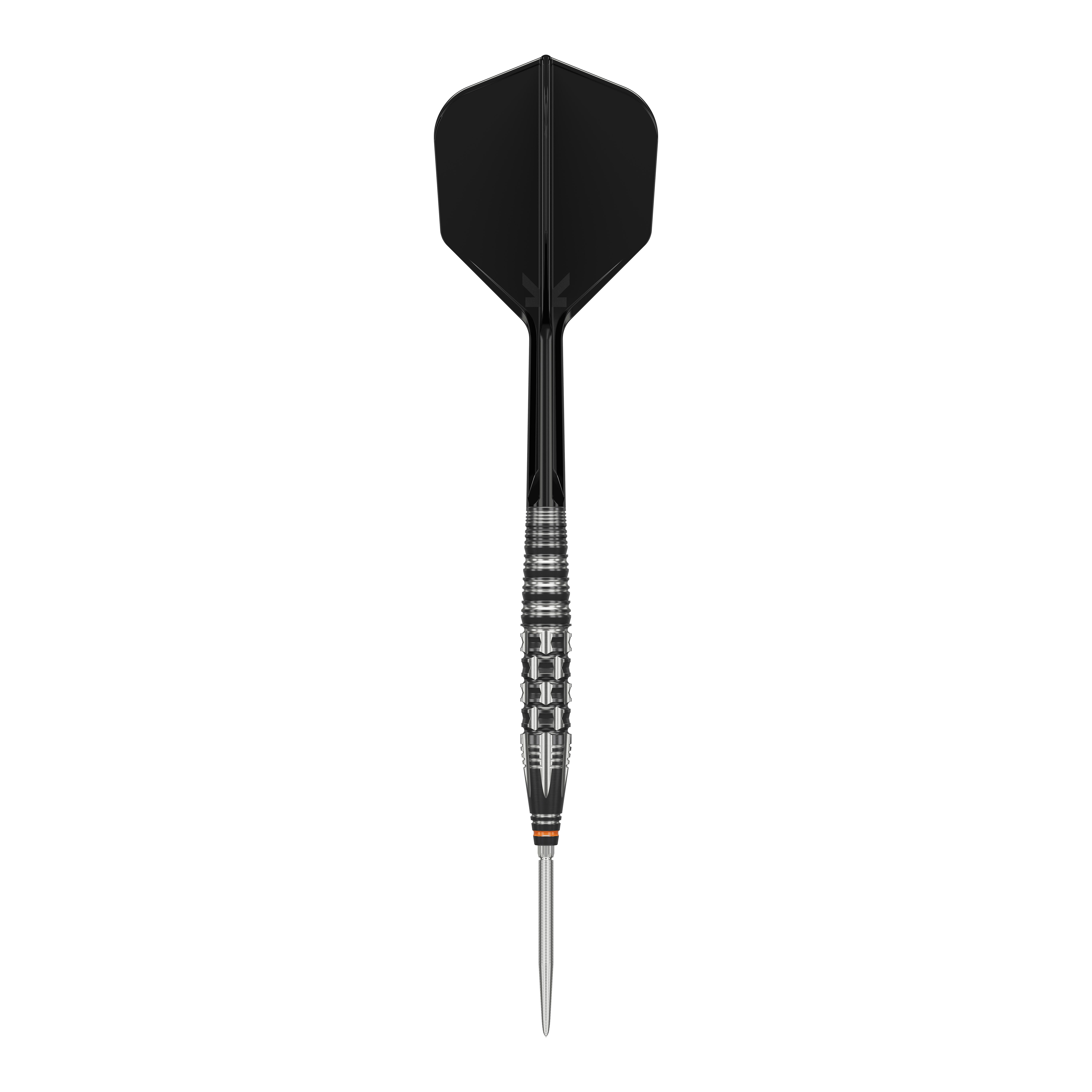 Das Bild zeigt einen Target Japan Black Marque Dancing Duck GEN 4 Steeldart. Der Dartpfeil hat ein elegantes, schwarzes Design mit einer metallischen, strukturierten Griffzone.