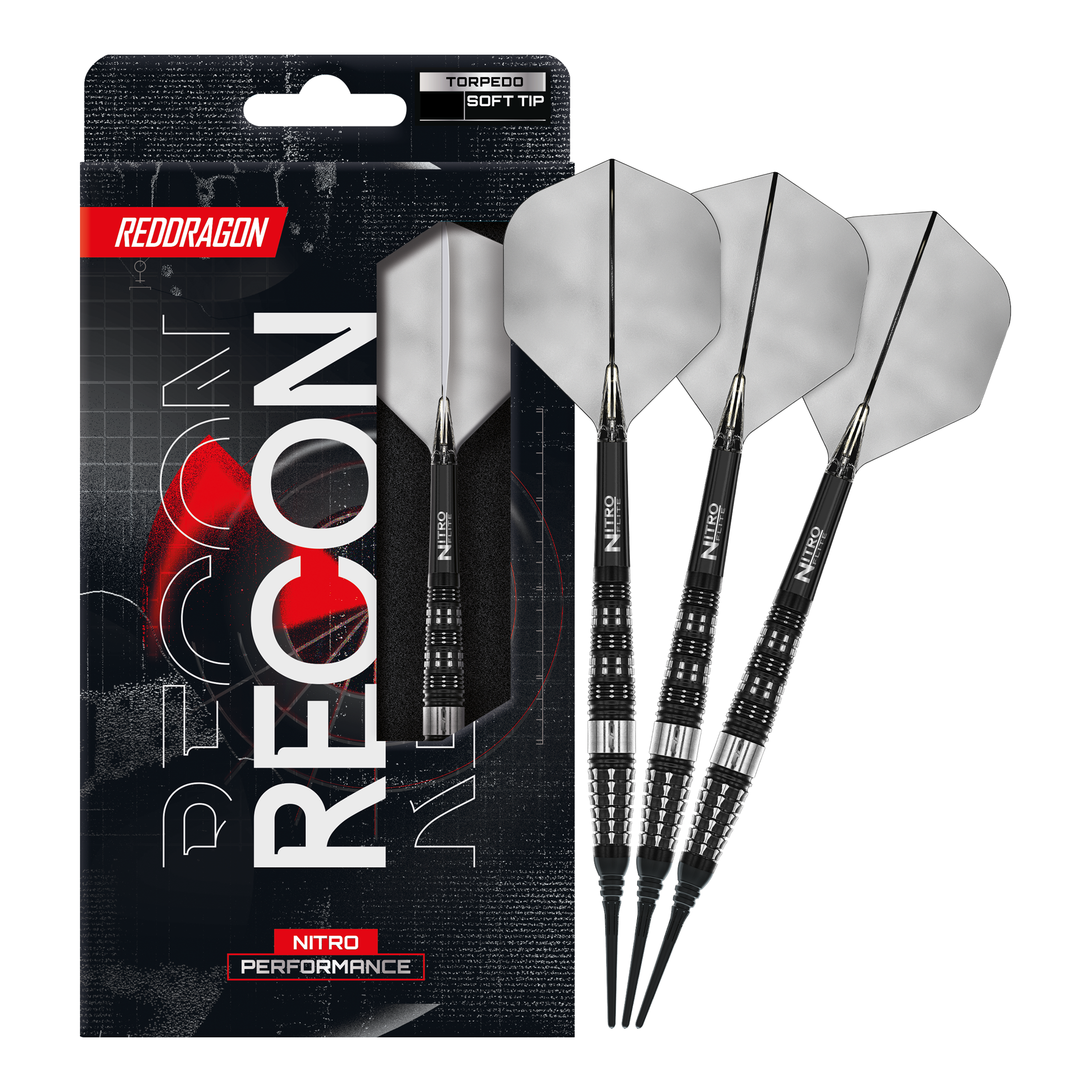 Hier sind Red Dragon Recon Torpedo Softdarts - 20g vollständig abgebildet. Das Set ist ideal für Softdartspieler und wirkt professionell.