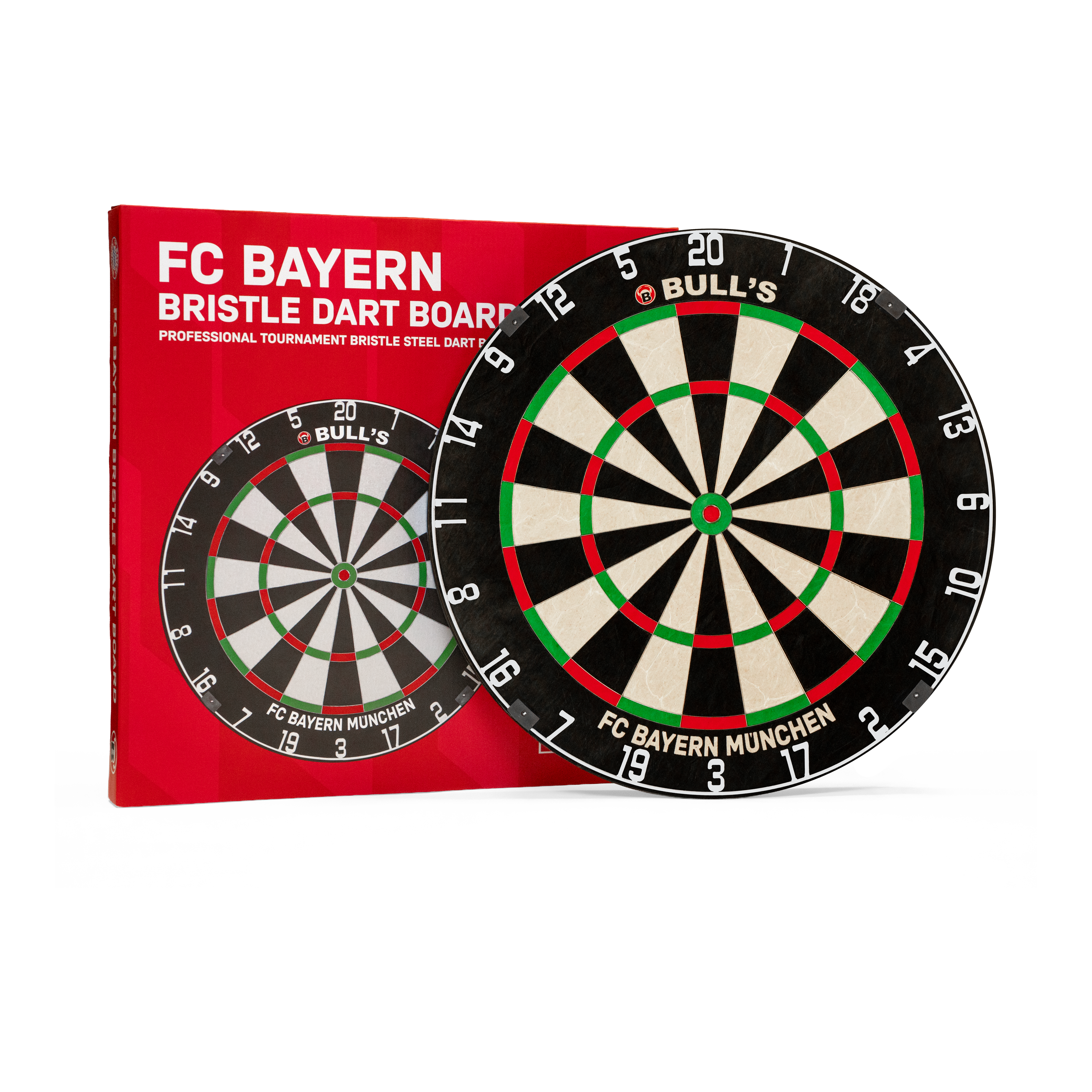Das Bild präsentiert das Bulls FC Bayern München Bristle Steeldartboard. Es handelt sich um ein Steeldartboard mit FC Bayern München Logo.