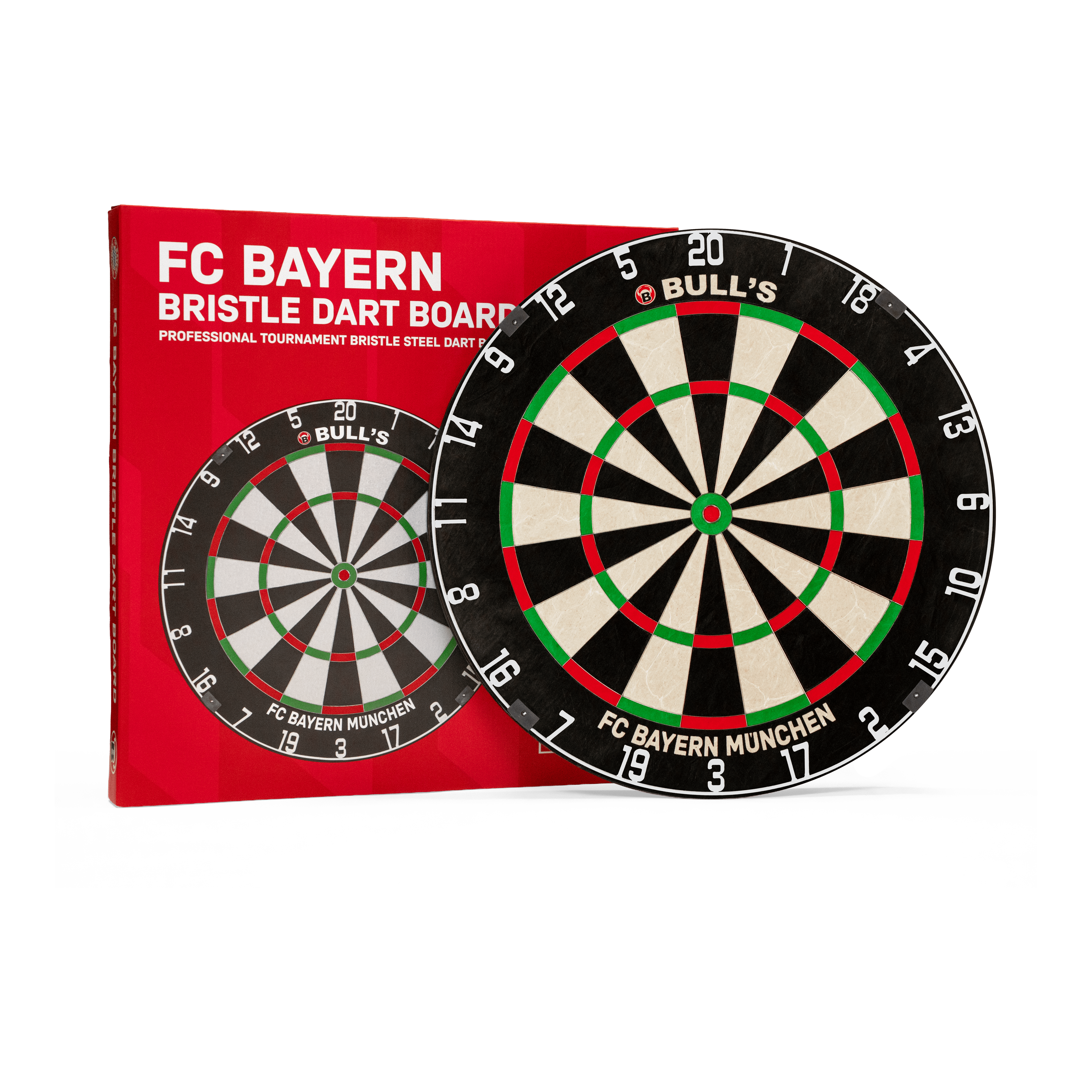 Tarcza do darta ze stali Bristle, Bulls FC Bayern Munich Das Bild präsentiert das Bulls FC Bayern München Bristle Steeldartboard. Es handelt sich um ein Steeldartboard mit FC Bayern München Logo.