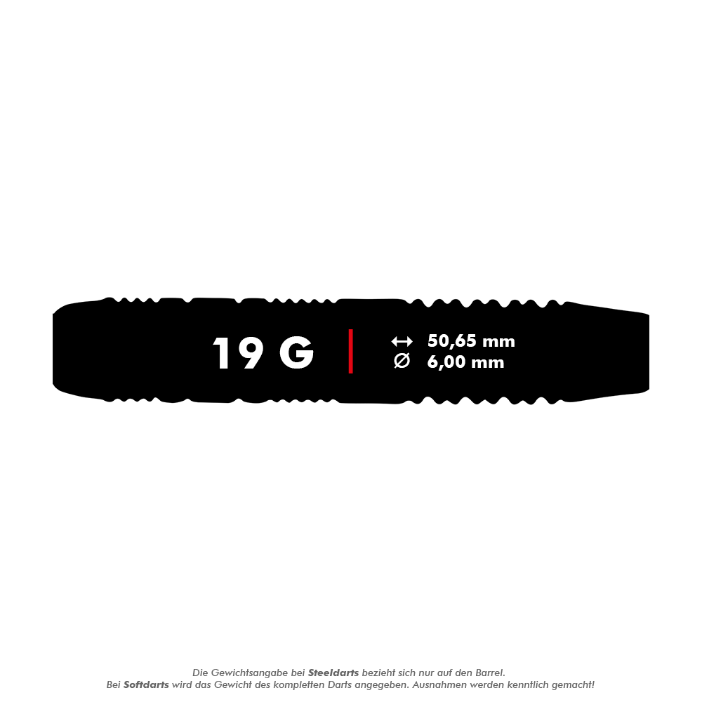 Unicorn Core Plus Gumowane Różowe Miękkie Lotki - 19g Das Bild zeigt die Produktdetails der "Unicorn Core Plus Rubberised Pink Softdarts - 19g". Die Darts wiegen 19 Gramm und haben eine Länge von 50,65 mm sowie einen Durchmesser von 6,00 mm.