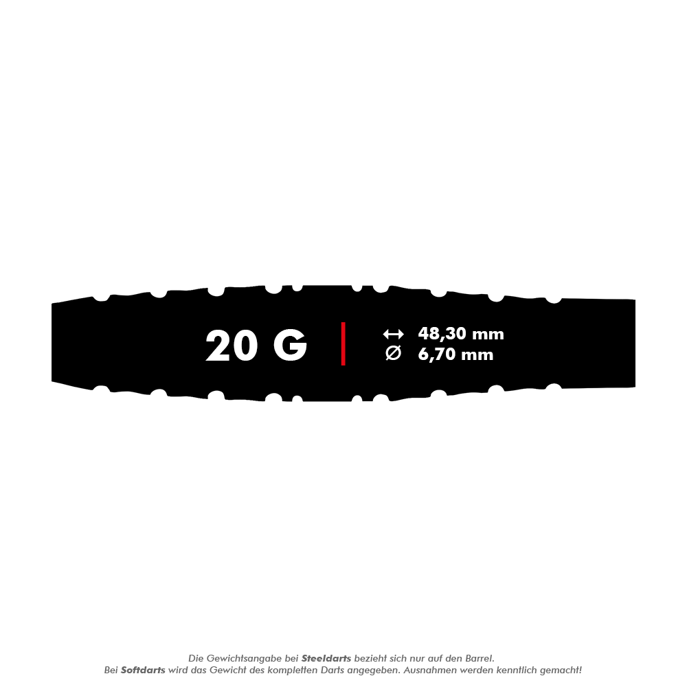 Czerwone strzałki Astraeus Q4X Torpedo Soft Darts - 20g Das Bild zeigt die Produktinformationen der Red Dragon Astraeus Q4X Torpedo Softdarts mit einem Gewicht von 20 Gramm. Die Darts sind 48,30 mm lang und haben einen Durchmesser von 6,70 mm.
