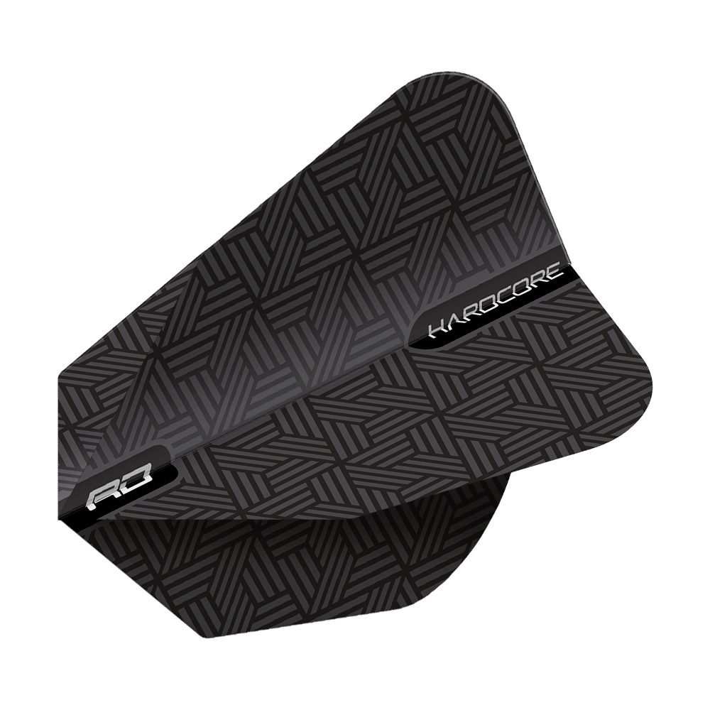 TF6849_Red_Dragon_Black_V-Standard_Flights_2FVVHaDh08ystR Das Bild zeigt das Produkt "Red Dragon Black V-Standard Flights". Die Dartflights sind schwarz mit einem geometrischen Muster und weißen Schriftzügen.