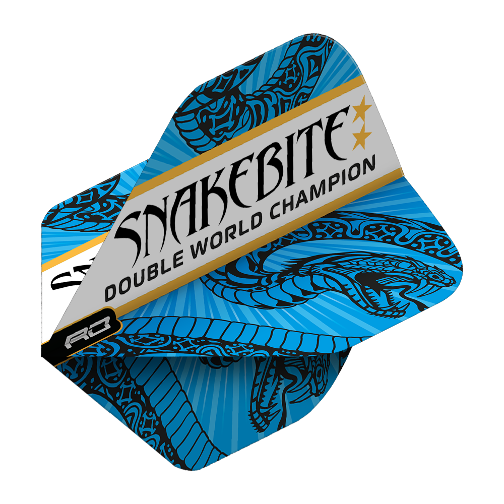 Das Bild zeigt ein Dart-Flight mit blau-weißem Schlangenmuster. Auf dem Flight steht "Snakebite Double World Champion".