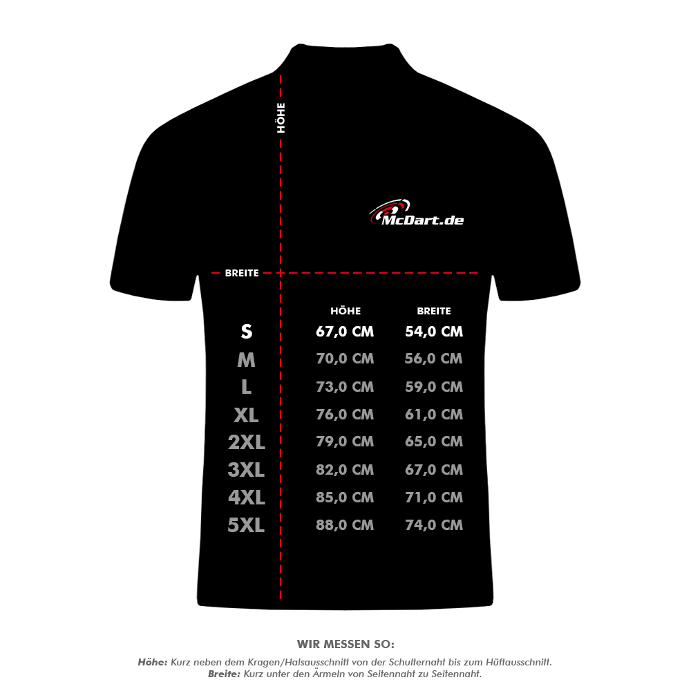 HRS-26036Harrows_Paragon_Dartshirts_5_SpIKzFwT3NEvtq Das Bild zeigt ein schwarzes Dartshirt mit dem Logo "McDart.de" und einer Größentabelle. Die Tabelle listet die Maße für die Größen S bis 5XL in Höhe und Breite auf.