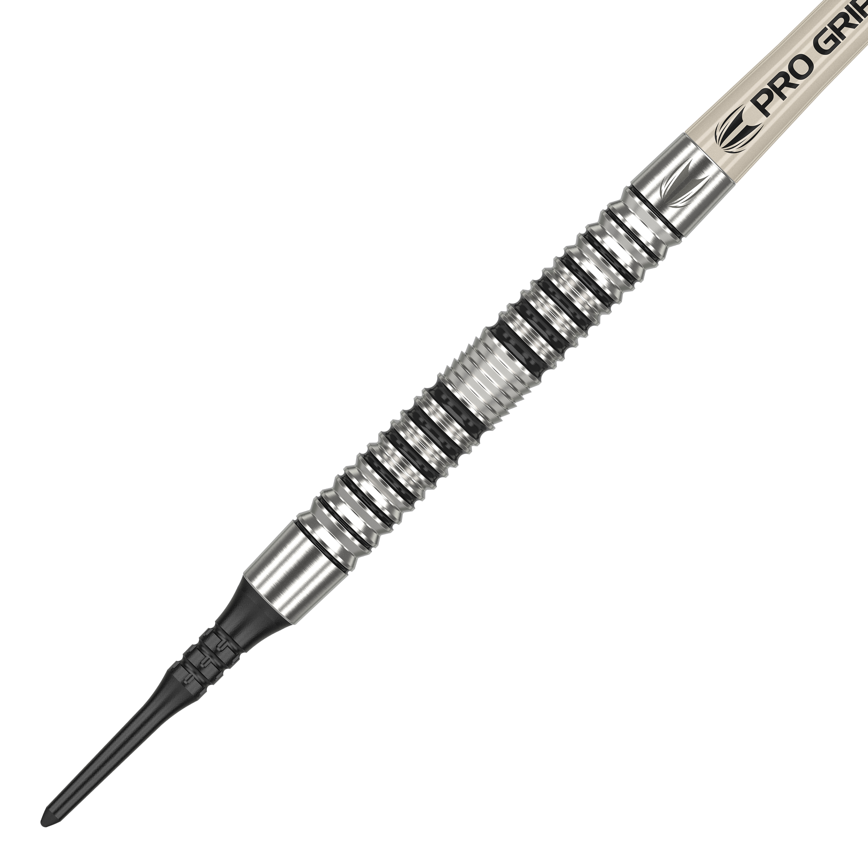 Target EXO 10 miękkich rzutek Das Bild zeigt einen Target EXO 10 Softdart. Der Dartpfeil hat ein silbernes, gerilltes Griffstück und eine schwarze Kunststoffspitze.