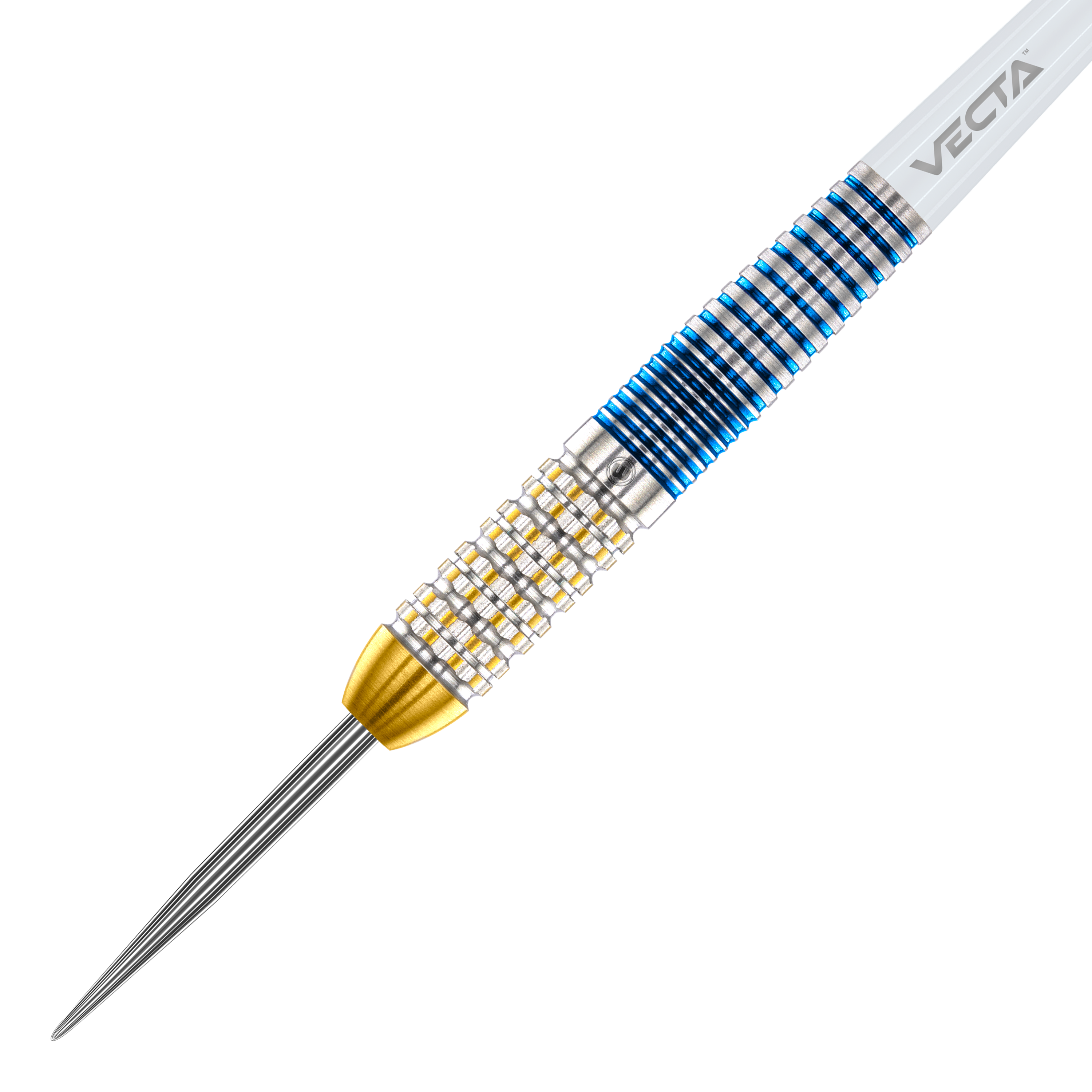 Winmau Steve Beaton Legend Series Steeldarts Das Bild zeigt einen Winmau Steve Beaton Legend Series Steeldart. Der Dart hat ein silbernes, goldfarbenes und blaues Design mit einer strukturierten Griffzone.