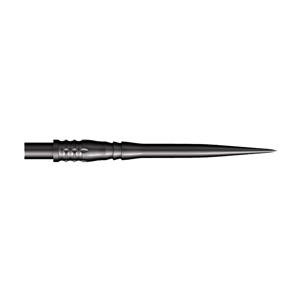 Końcówki do rzutek Shot Cone Rocket Steel - czarne - 35 mm Das Bild zeigt eine schwarze Steeldart-Spitze mit einer Länge von 35 mm. Die Spitze hat ein schlankes, spitz zulaufendes Design und strukturierte Rillen am Schaft.