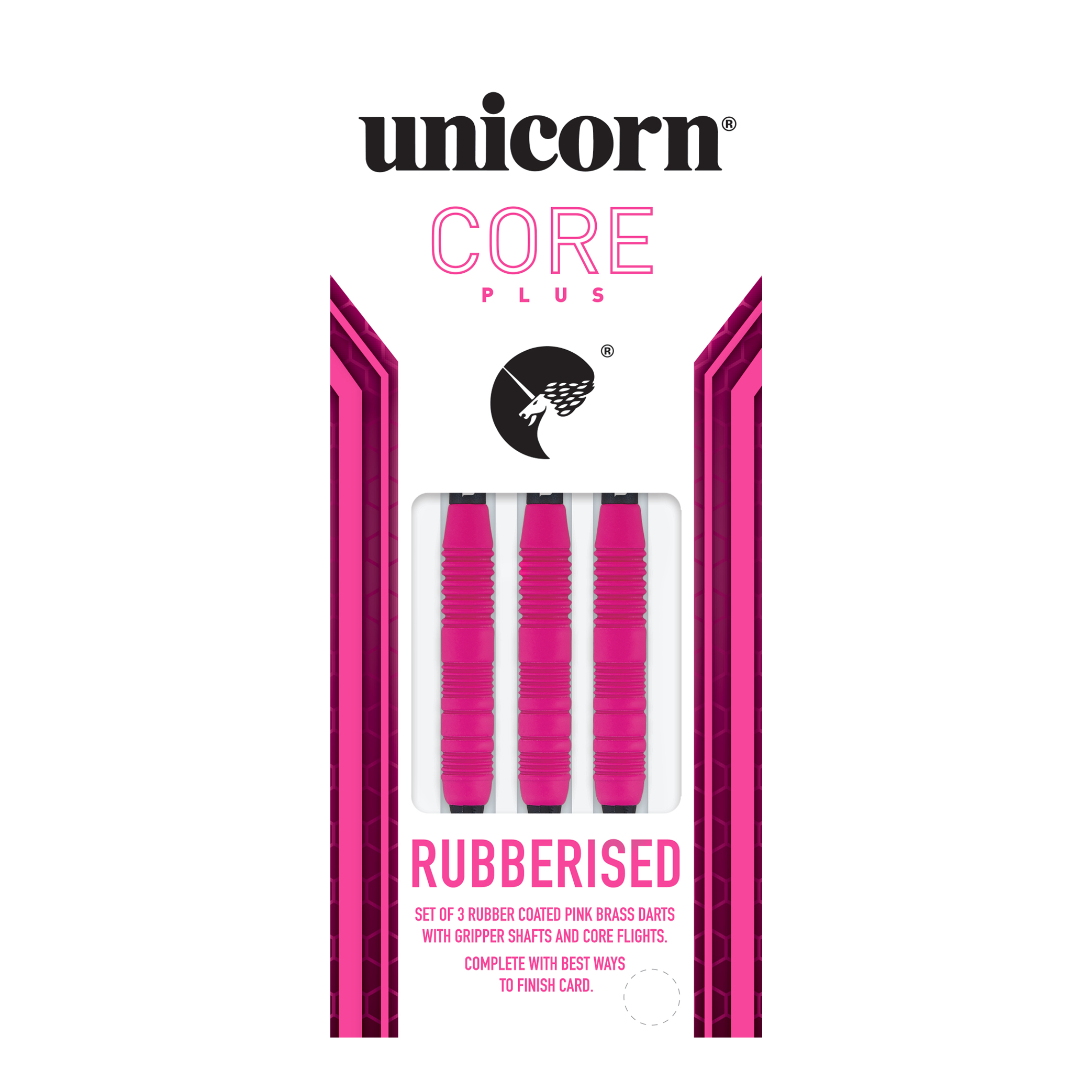 Unicorn Core Plus Gumowane Różowe Miękkie Lotki - 19g Das Bild zeigt eine Packung der "Unicorn Core Plus Rubberised Pink Softdarts - 19g". In der Verpackung befinden sich drei pinke, gummierte Softdarts.
