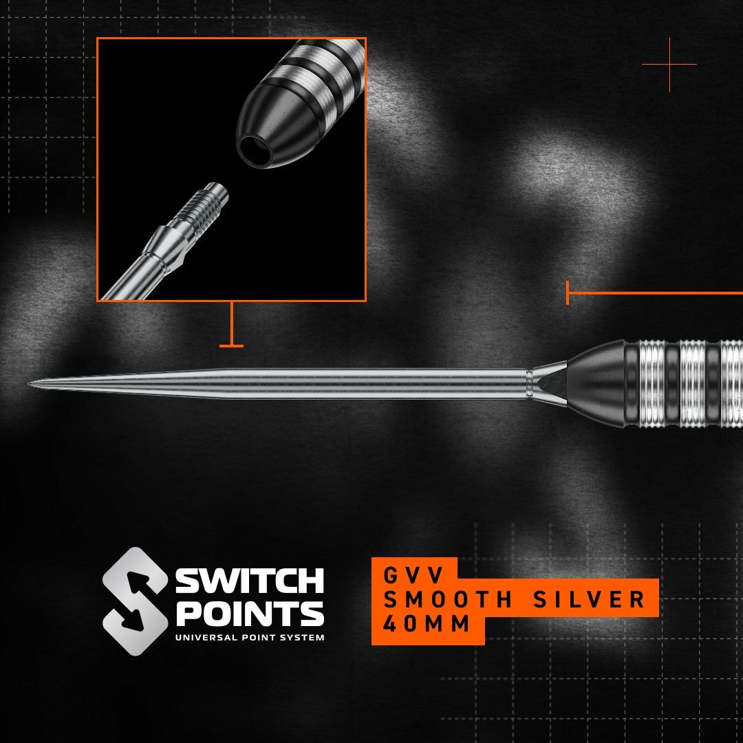 Stalowe rzutki Winmau Gian Van Veen TS Switch Point Zu sehen ist Winmau Gian Van Veen TS Switch Point Steeldarts. Die Darts liegen nebeneinander auf einer hellen Fläche.