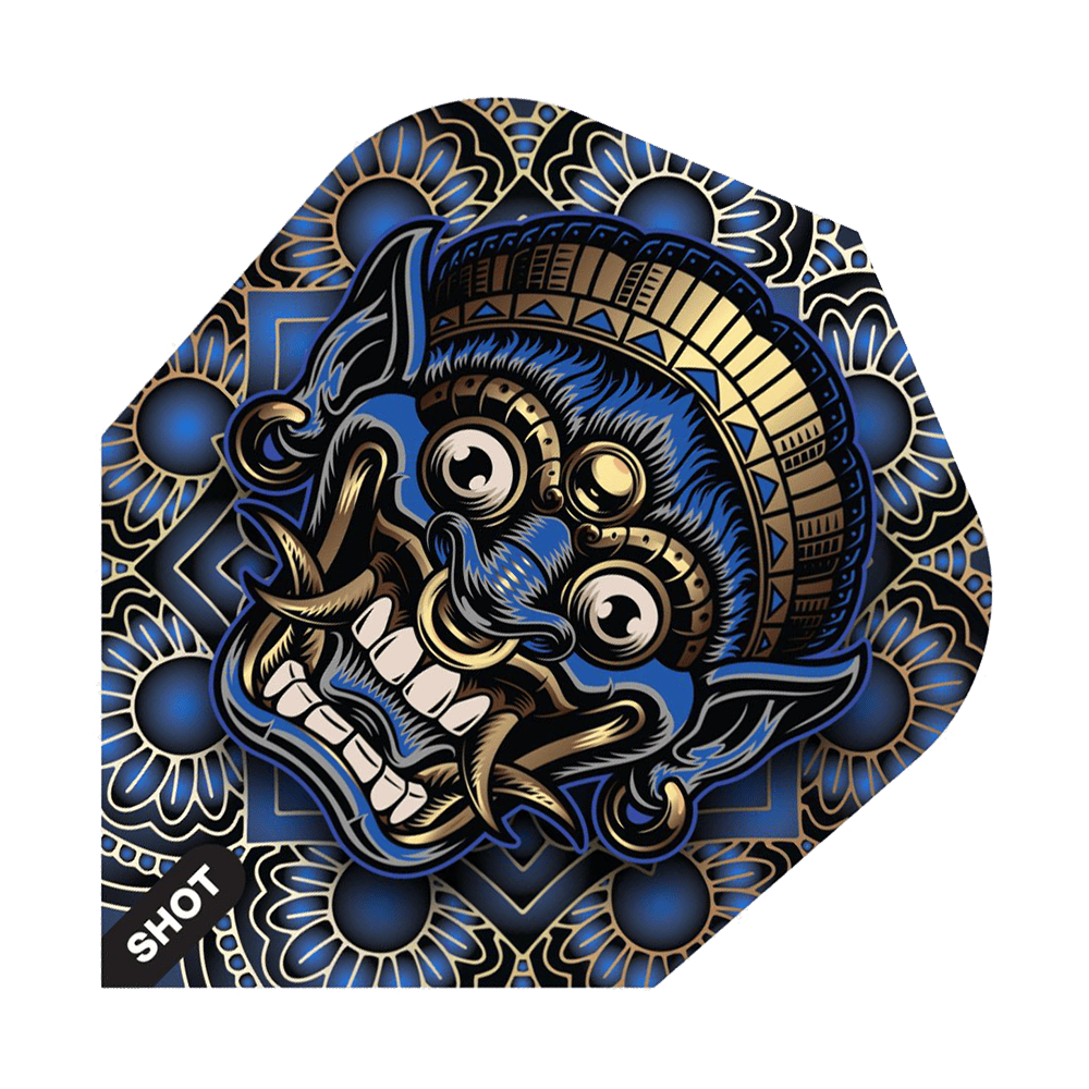 Shot z broni plemiennej Java No6 Flights Das Bild zeigt ein Dart-Flight mit einem farbenfrohen, traditionellen Tribal-Design in Blau, Gold und Schwarz. Das auffällige Motiv stellt eine stilisierte, furchteinflößende Maske dar.