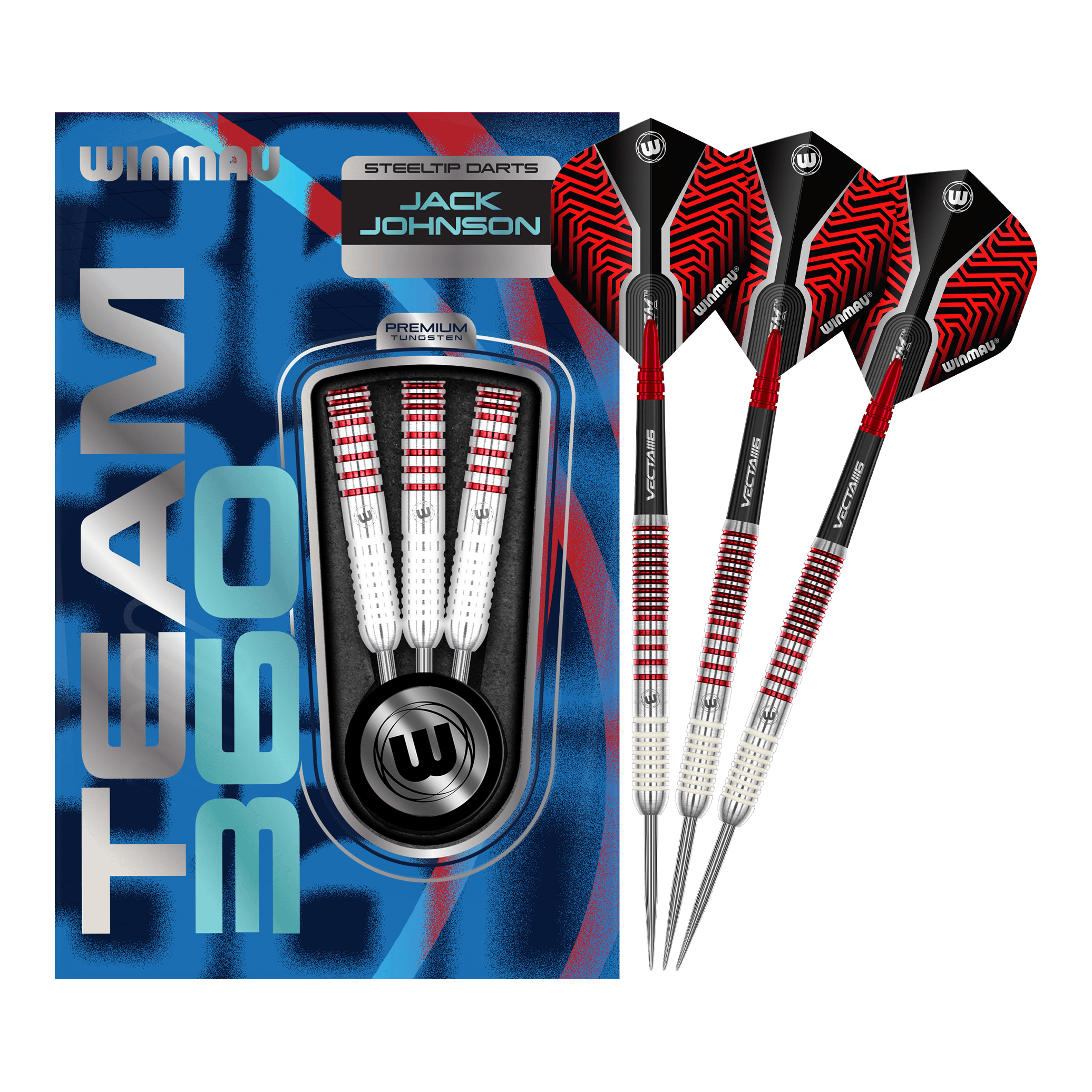 Lotki stalowe Winmau Team 360 Jack Johnson - 24g Das Bild zeigt das komplette Set der Winmau Team 360 Jack Johnson Steeldarts mit 24g. Die Steeldarts sind für präzises Werfen entwickelt.