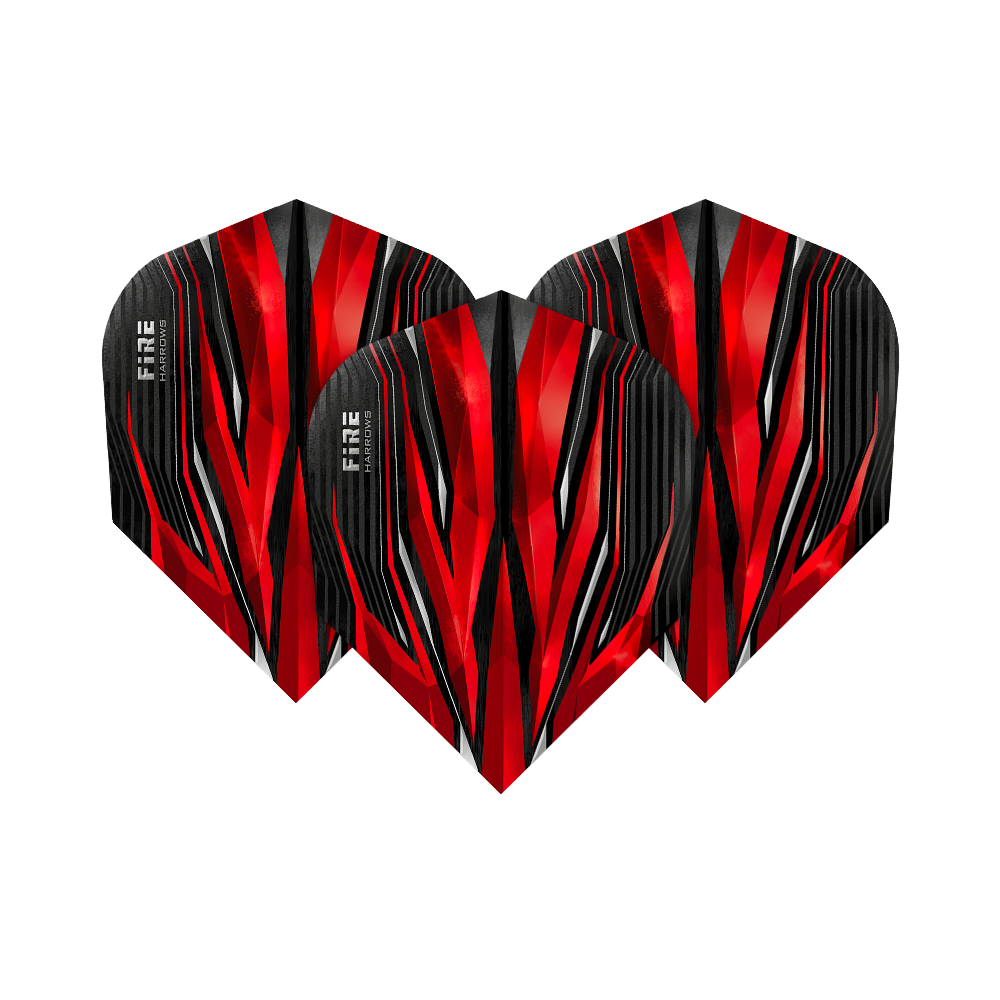 HR1_Harrows_Fire_Red_Standard_Flights_1YMsUHvlkPnKp9 Das Bild zeigt drei Harrows Fire Red Standard Flights. Die Flights haben ein auffälliges, rot-schwarzes Design mit weißen Akzenten.
