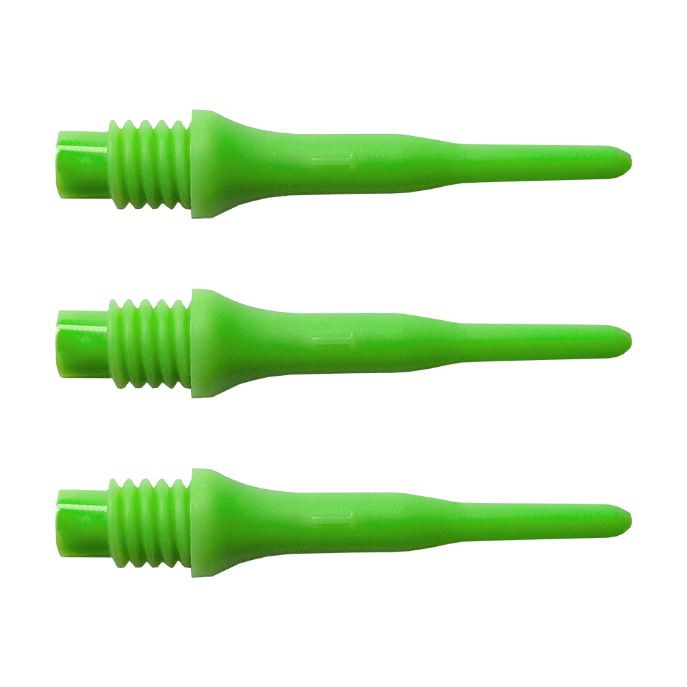 Das Bild zeigt drei grüne Spitzen für Soft-Darts. Diese Spitzen gehören zum Produkt "Bulls Tefo X Spitzen (100er Pack)".