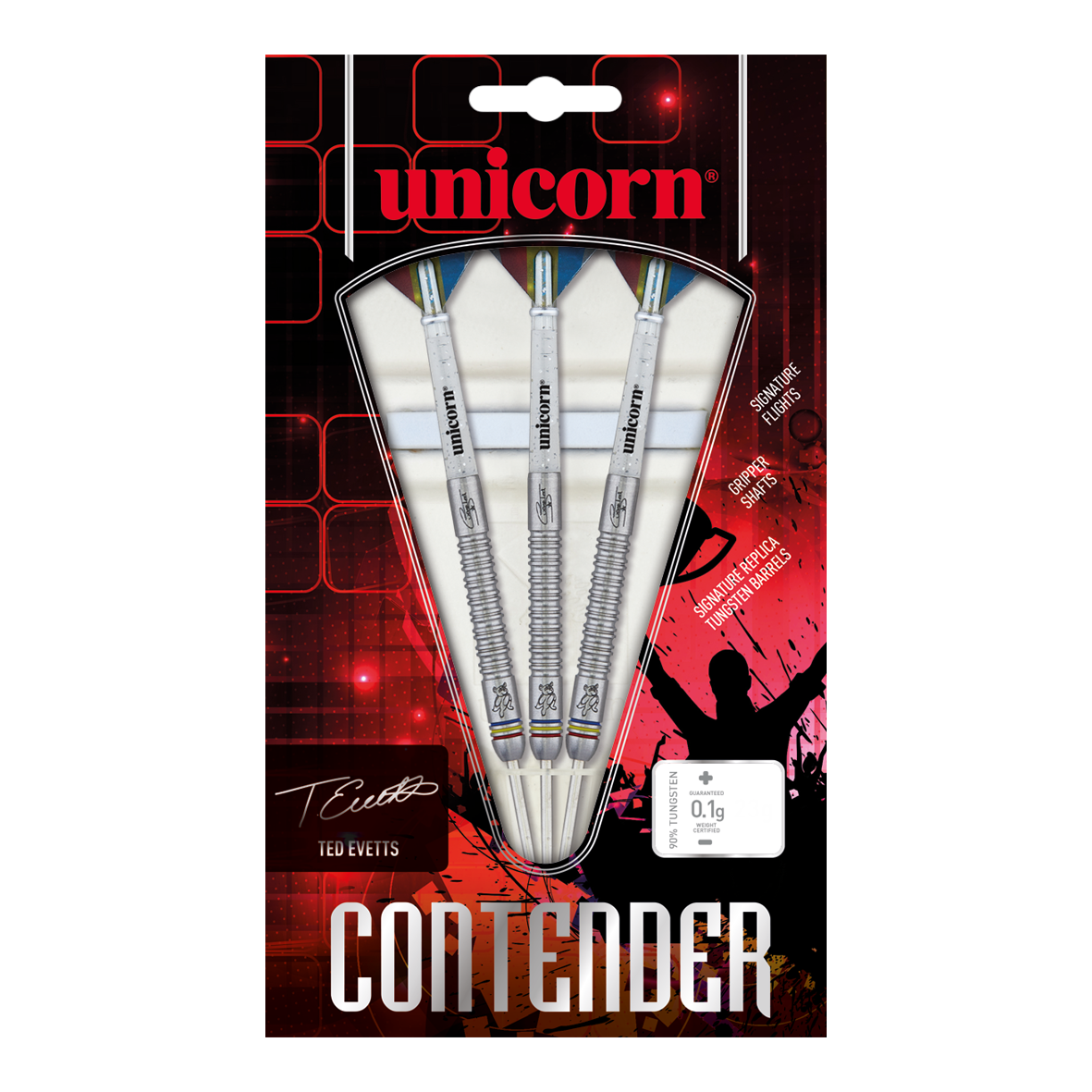 Das Bild zeigt die Unicorn Contender Ted Evetts Phase 2 Steeldarts mit einem Gewicht von 23g in ihrer Verpackung. Drei silberne Darts mit geriffeltem Griff sind deutlich sichtbar präsentiert.