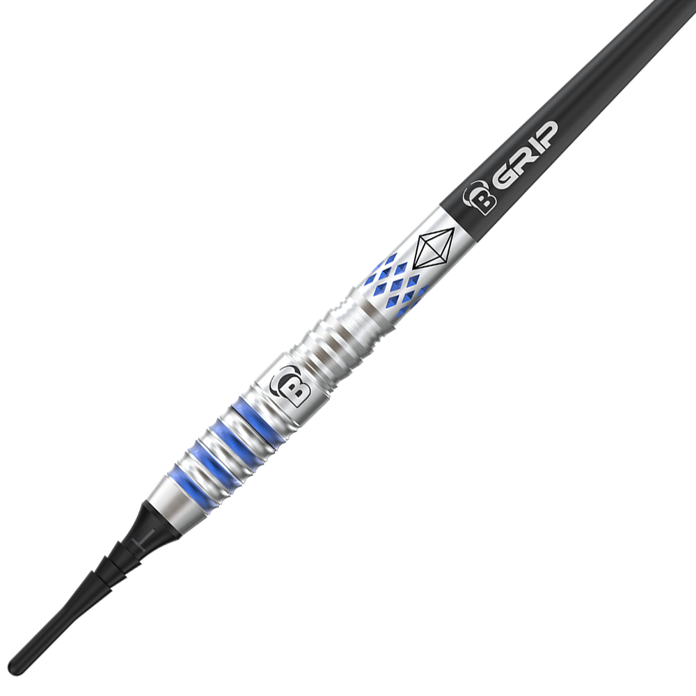 19740_Bulls_Sarah_Milkowski_Softdarts_2 Das Bild zeigt einen Softdart namens "Bulls Sarah Milkowski Softdarts - 20g". Der Dart hat ein silbernes Design mit blauen Akzenten und einer schwarzen Spitze.